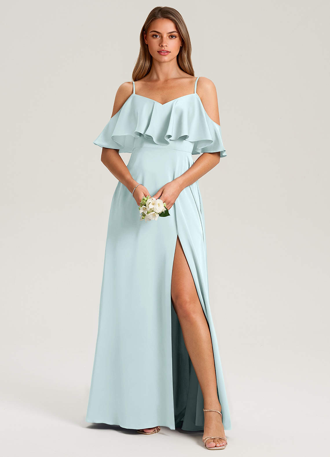 Azazie Jean Bridesmaid Dresses Sea Glass A-Line Off the Shoulder Stretch Satin Dress image1
