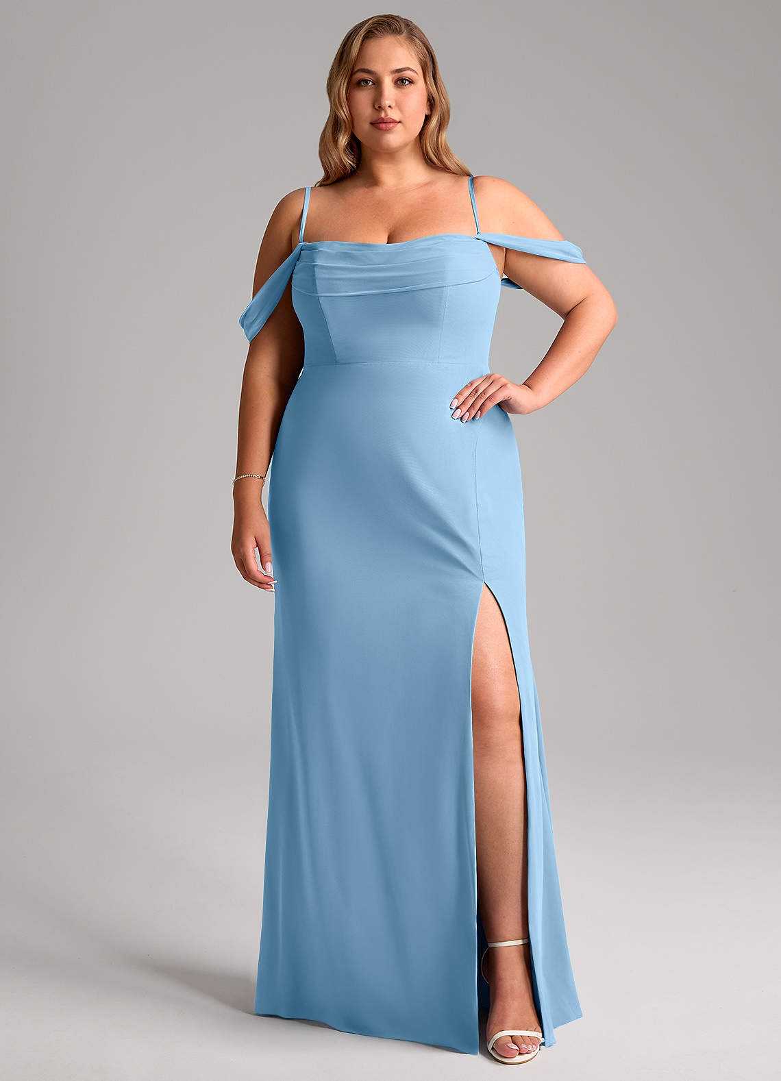 Azazie Saige Abiti da Damigella Abito Convertibile A-Line in Chiffon a Spalla Scoperta Blu Acciaio image12