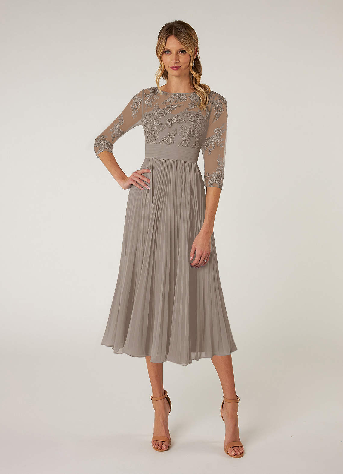 Azazie Tutu Mother of the Bride Dresses Taupe A-Line Boatneck Lace Chiffon Dress image1