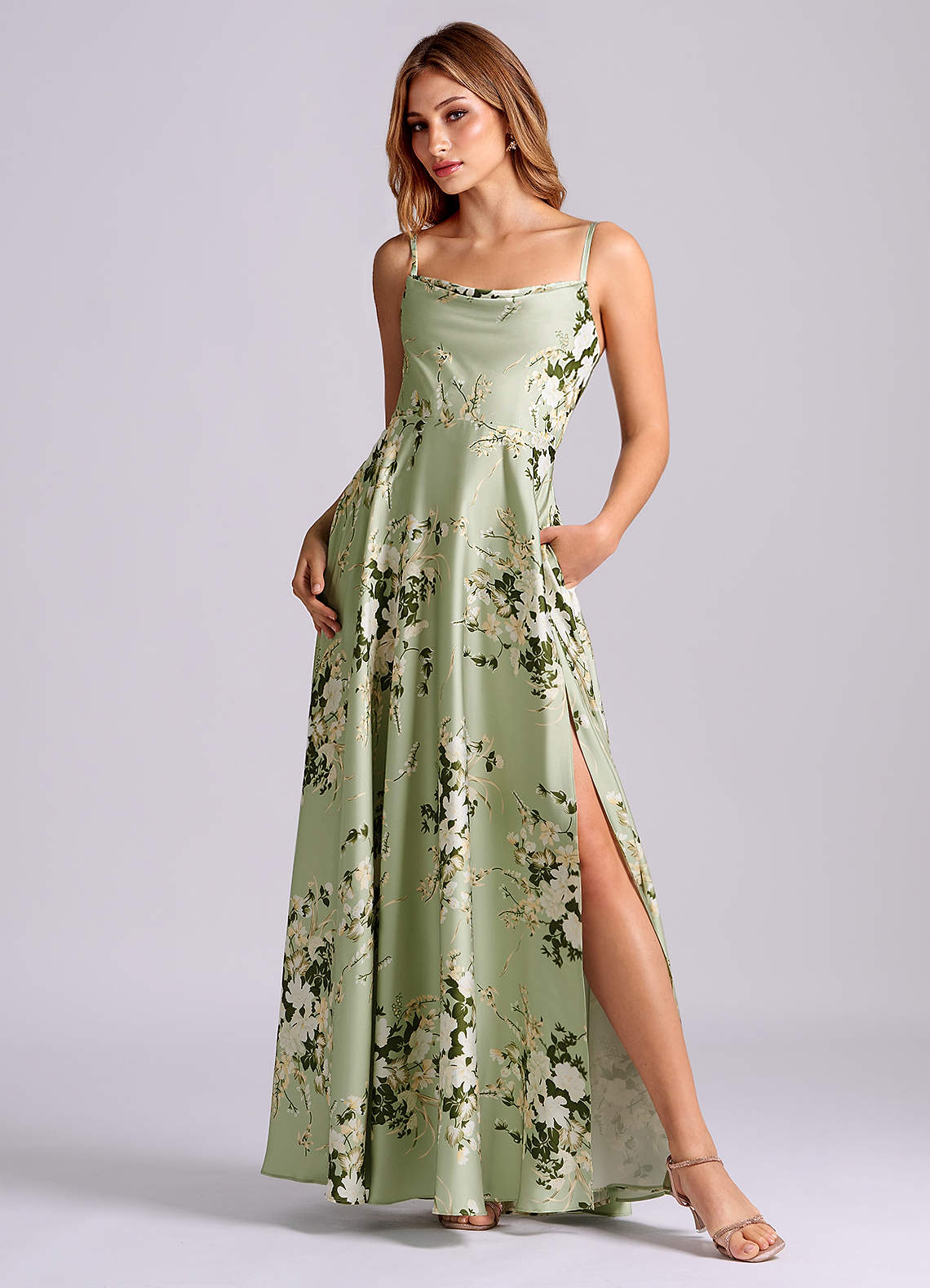 Azazie Elle Bridesmaid Dresses Floral Vines A-Line Pleated Stretch Satin Dress image1