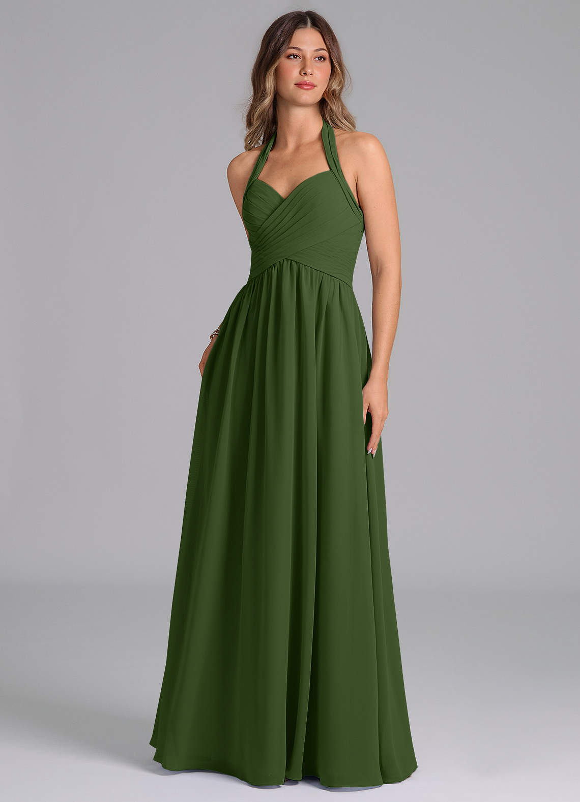 Azazie Darlyn Bridesmaid Dresses Olive A-Line Pleated Chiffon Dress image1