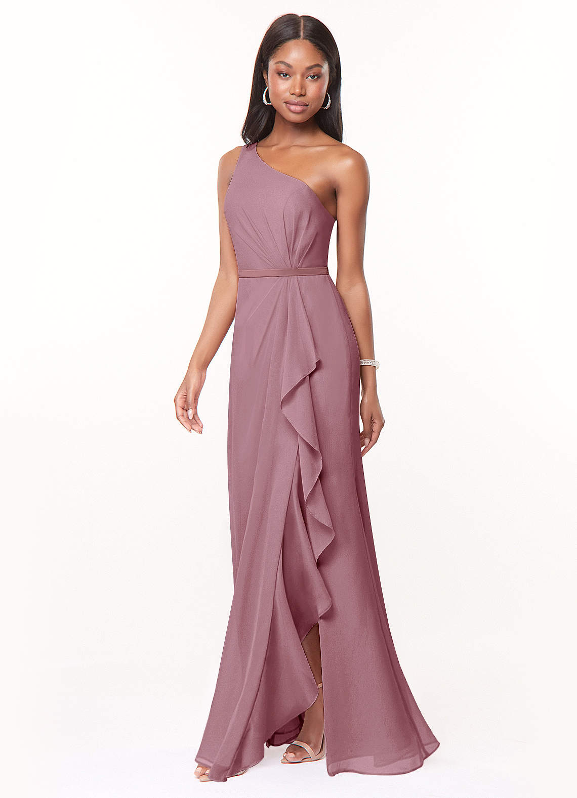 open lace back dress ZAPAKASA Women Dusty Rose Chiffon Sheath Formal Dress Asymmetrical One  Shoulder Long Bridesmaid Dress main image 1