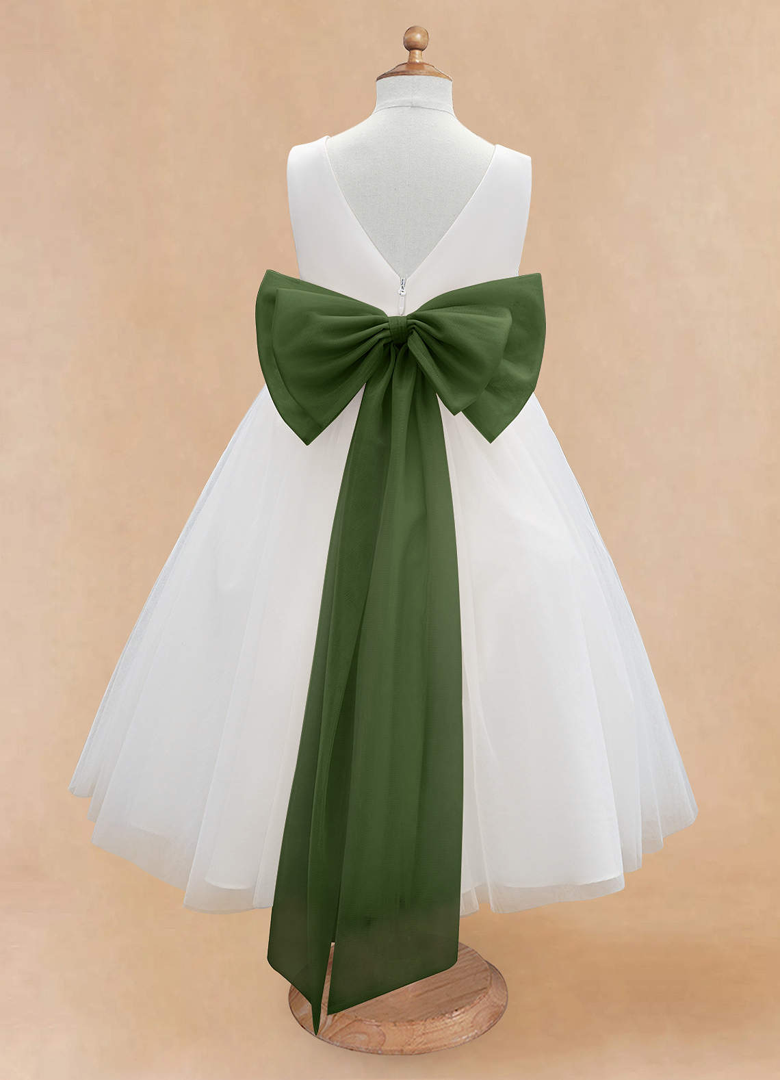 Azazie Kavi Flower Girl Dresses Ivory Olive A-Line Bow Matte Satin Dress image7
