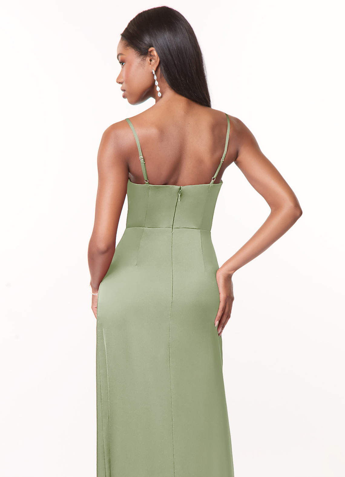 Azazie Maci Brautjungfernkleider A-Linie V-Hals Gefaltet Stretch-Satin Kleid Staubiger Salbeigrün image3