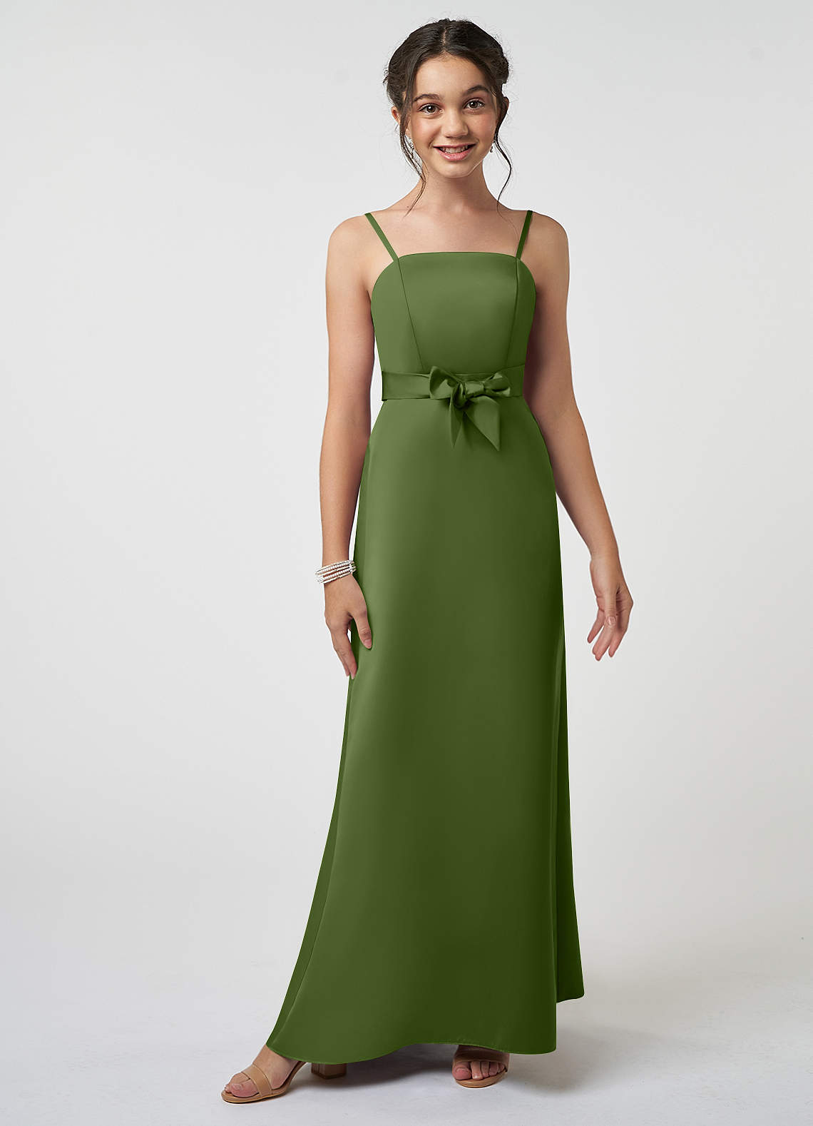 Azazie Anina Junior Robe Trapèze en Satin extensible Arc Genévrier image1