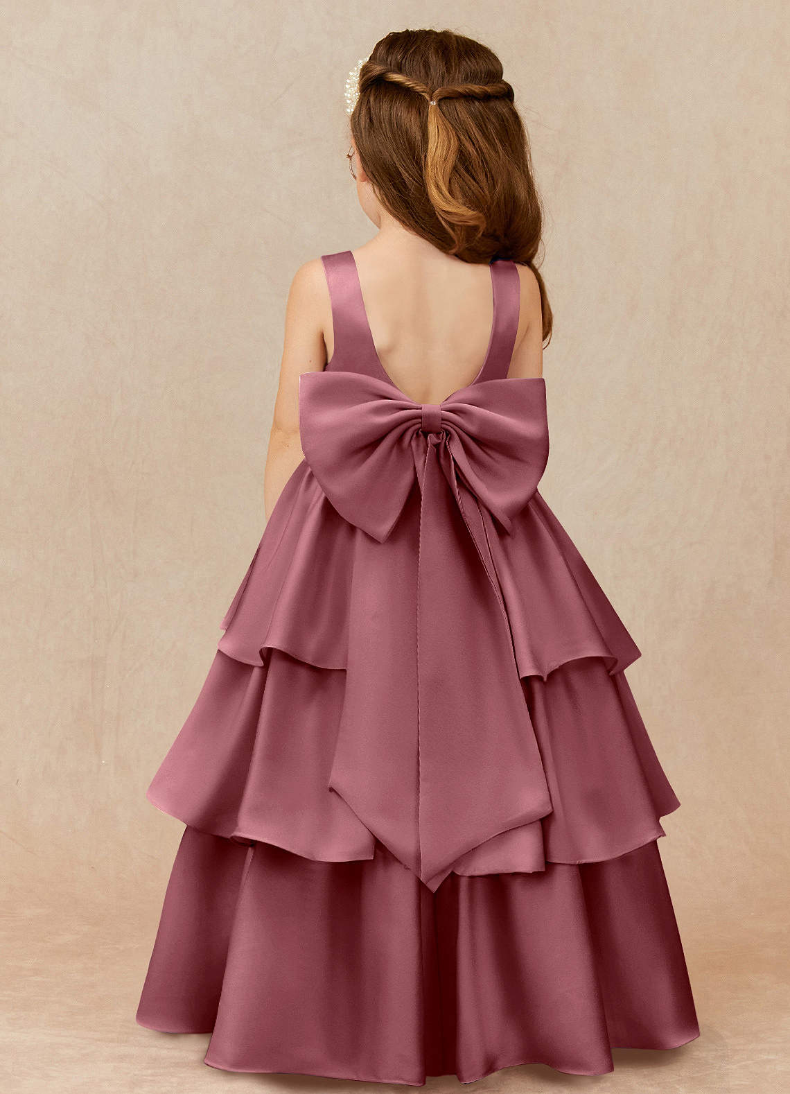 Azazie Margie Blumenmädchenkleider A-Linie Schleifen Stretch-Satin Kleid Wüstenrose image1
