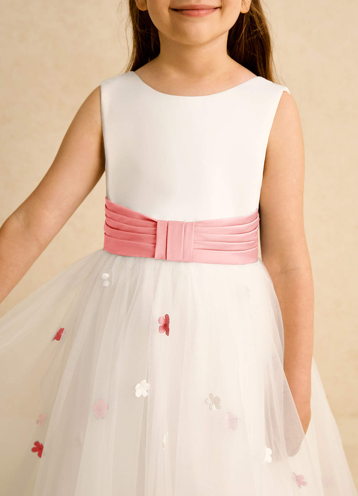 Azazie Cricket Flower Girl Dresses Ivory Coral Ball-Gown Pleated Matte Satin Dress image7