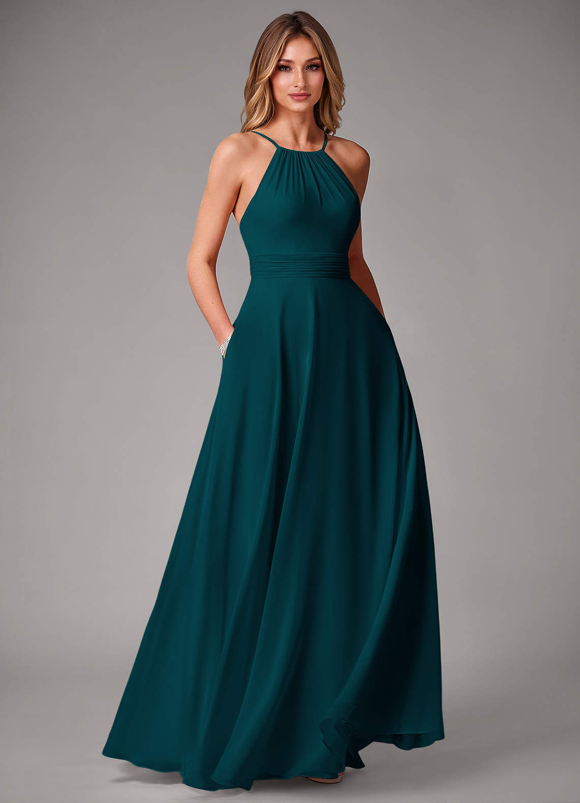 Azazie Amalia Bridesmaid Dresses Pine A-Line Pleated Chiffon Dress image1