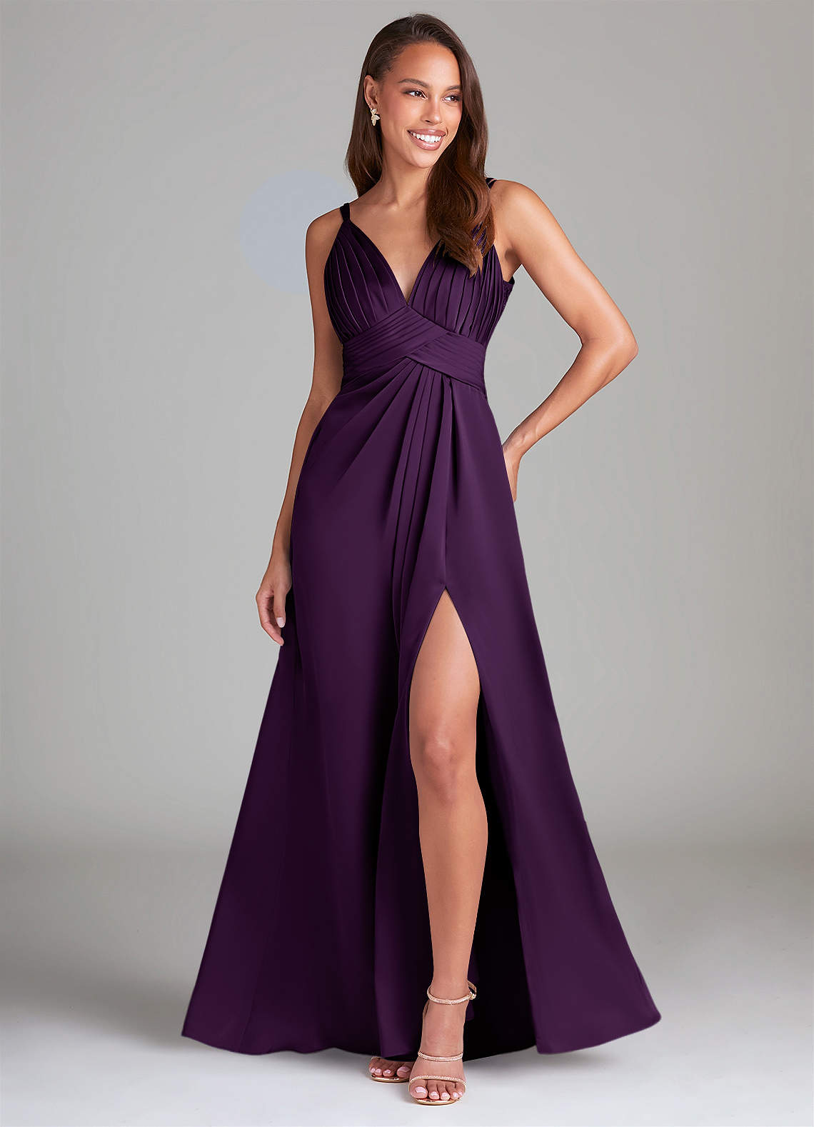 Azazie Maren Allure Bridesmaid Dresses Grape A-Line Lace Stretch Satin Dress image1
