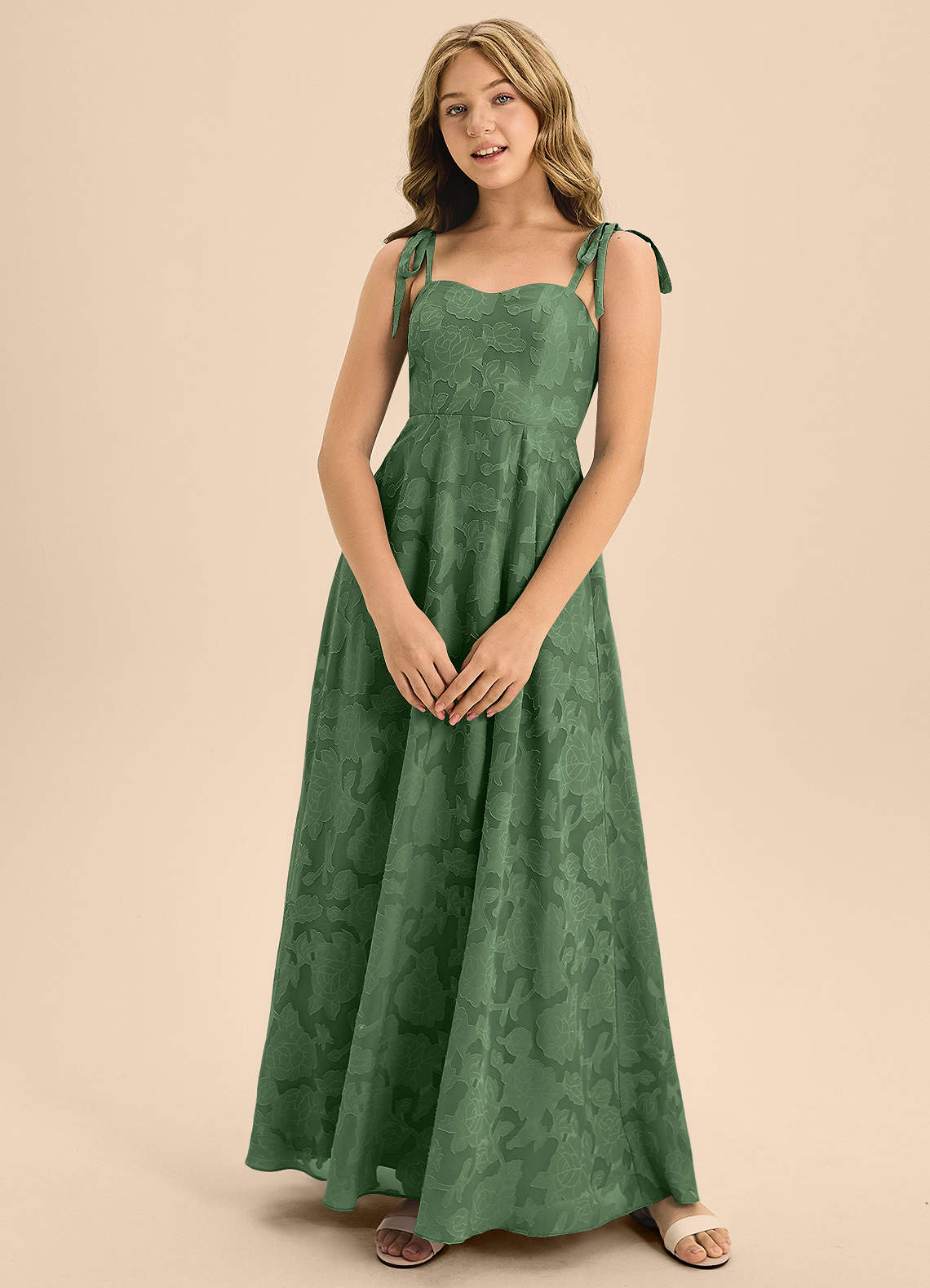 Azazie Rosey Junior Jurk van Bloemen Burn-out met A-Lijn Sweetheart Halslijn Eucalyptus image1