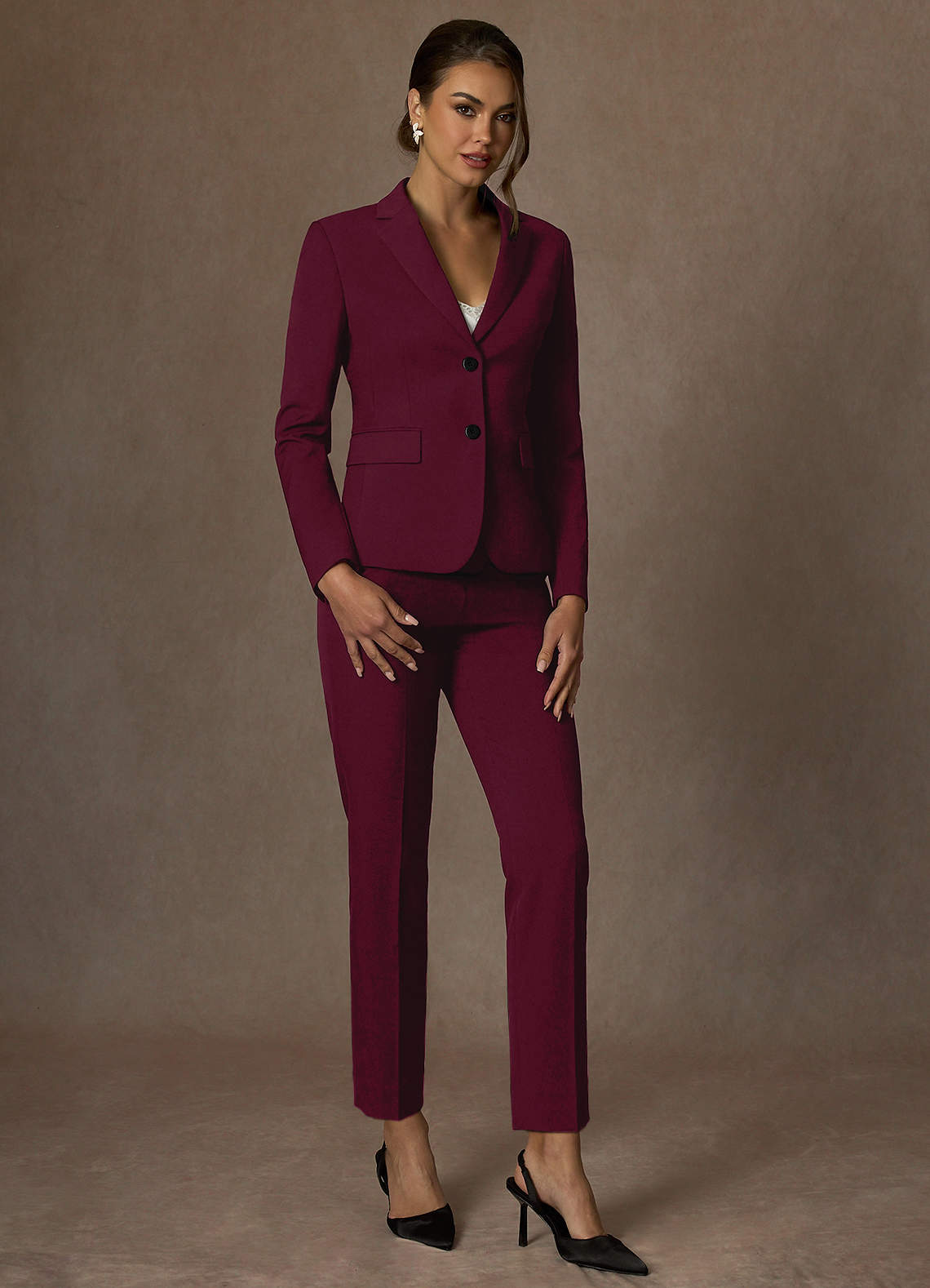 front Whitney Burgundy Structured Stretch Full Length Pants Suit