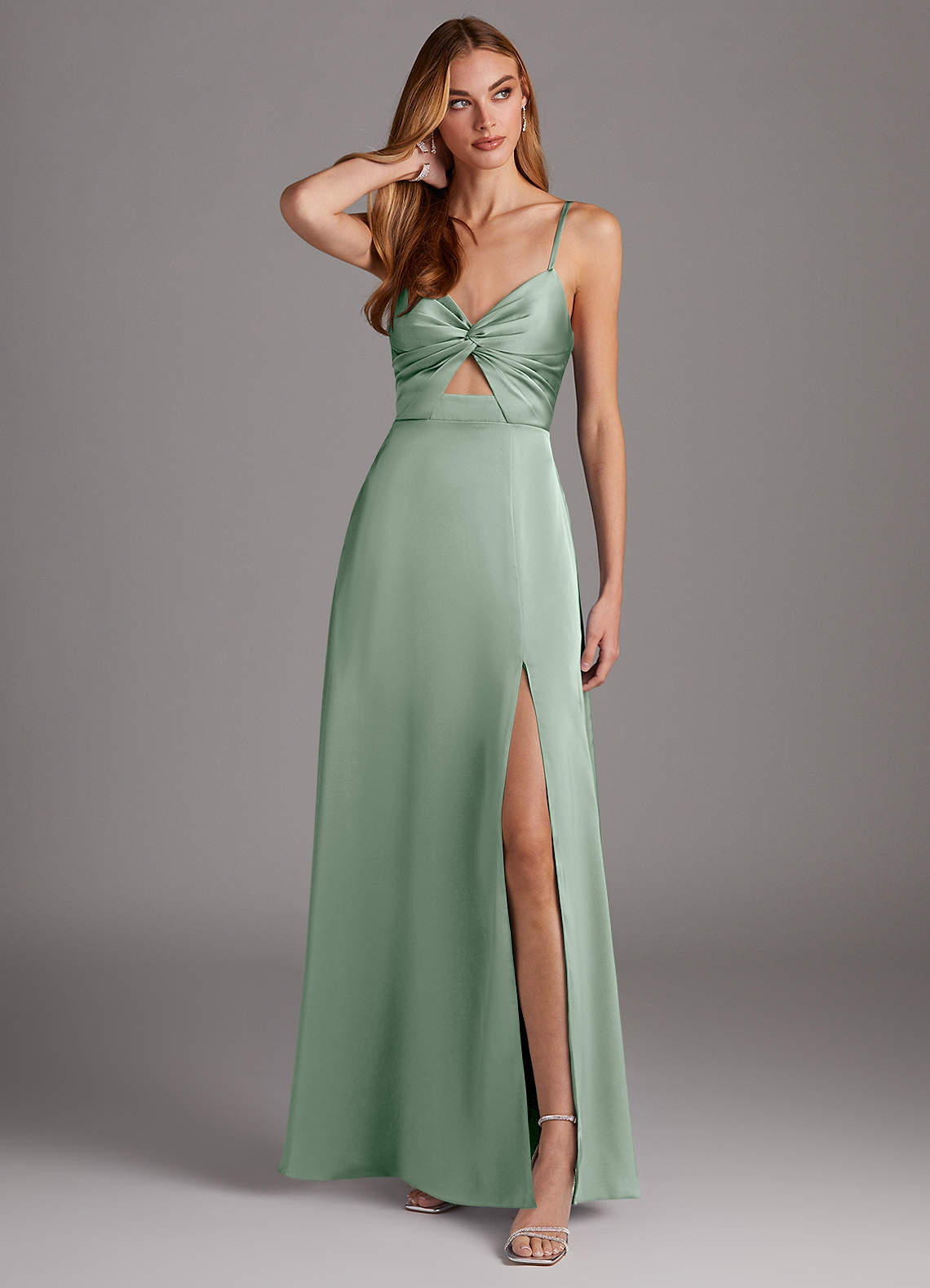 Azazie Jenna Bridesmaid Dresses Agave A-Line Pleated Stretch Satin Dress image1