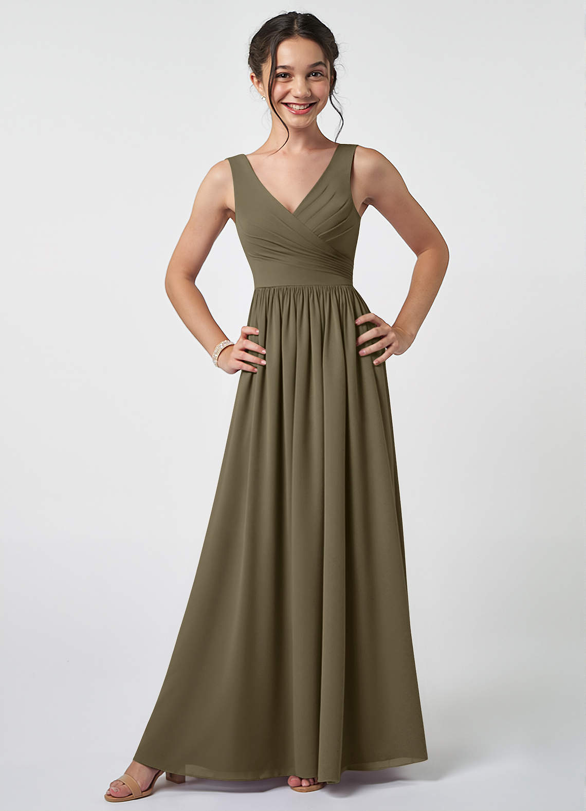 Azazie Keyla Junior Willow Green A-Line Pleated Chiffon Dress image1
