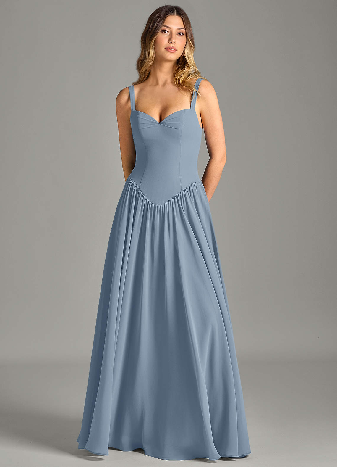 Azazie Evadina Kleider zum Anprobieren zu Hause A-Linie Korsett Chiffon Kleid Staubblau image4