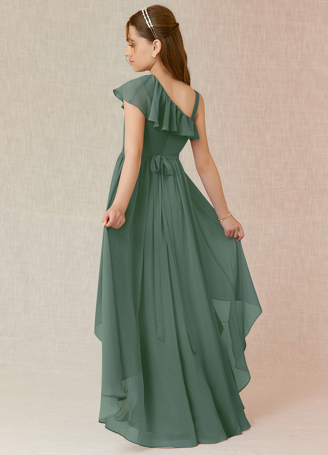 Azazie Mango Vestido de Eucalipto de Gasa/ Chiffon de Acampanado con Volante image1