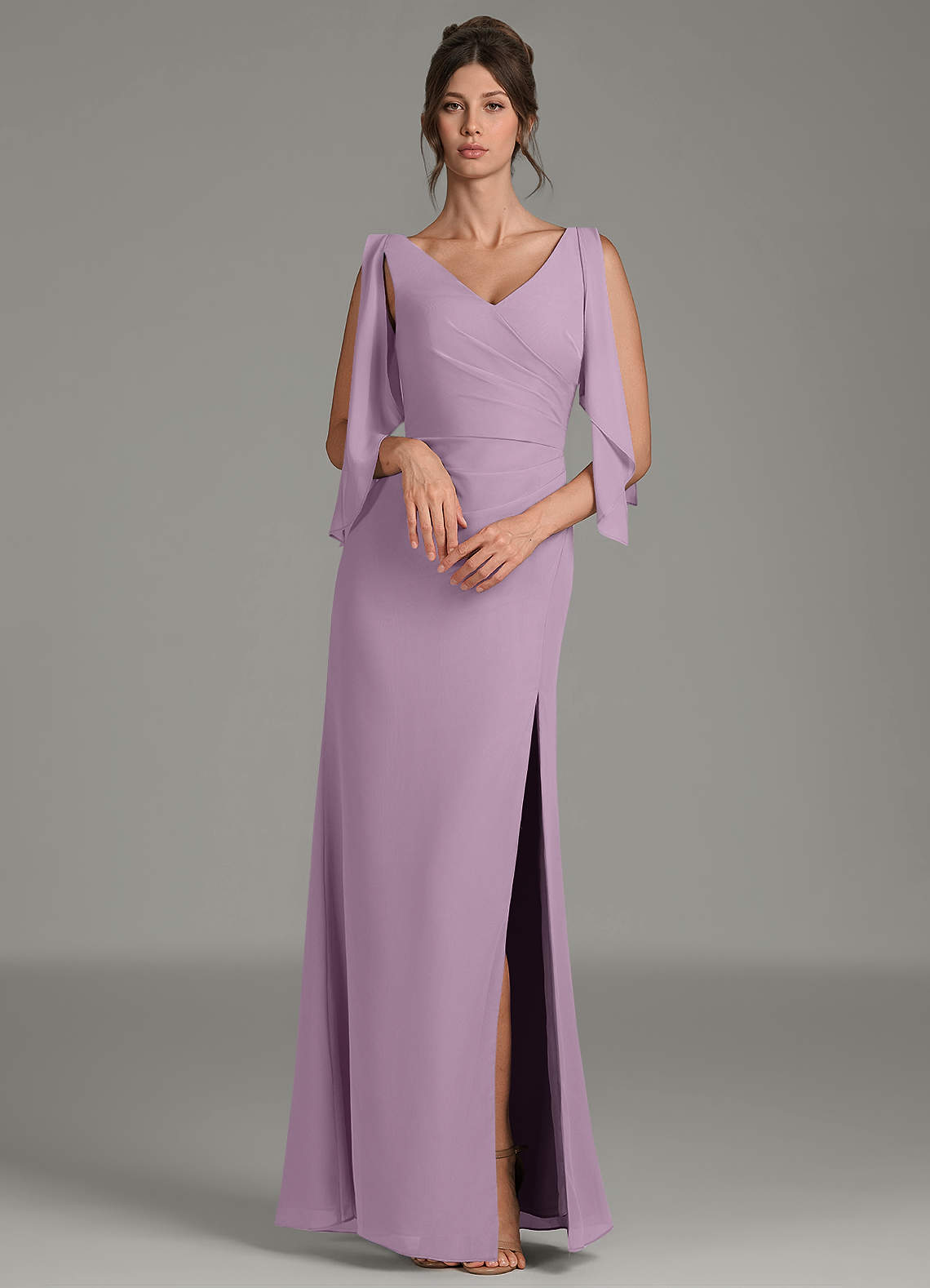 wisteria chiffon bridesmaid dress Azazie Sheath V-Neck Floor-Length Chiffon Bridesmaid Dresses