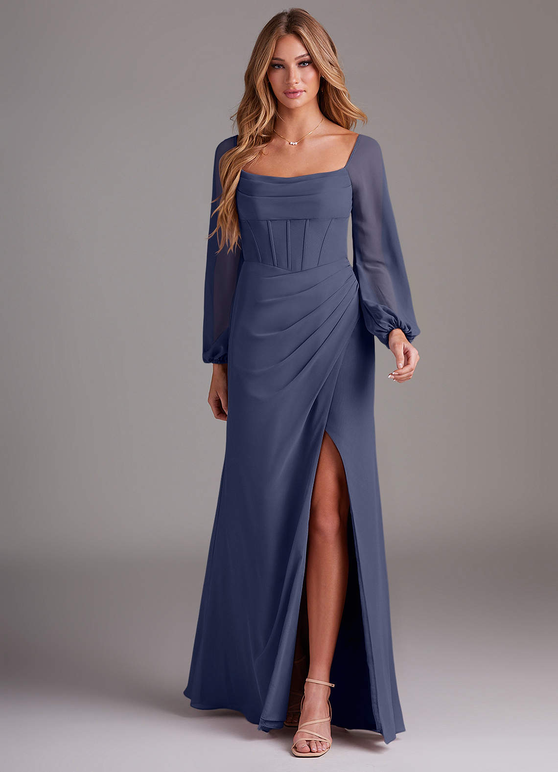 Azazie Charissa Bridesmaid Dresses Stormy Sheath Long Sleeve Chiffon Dress image2