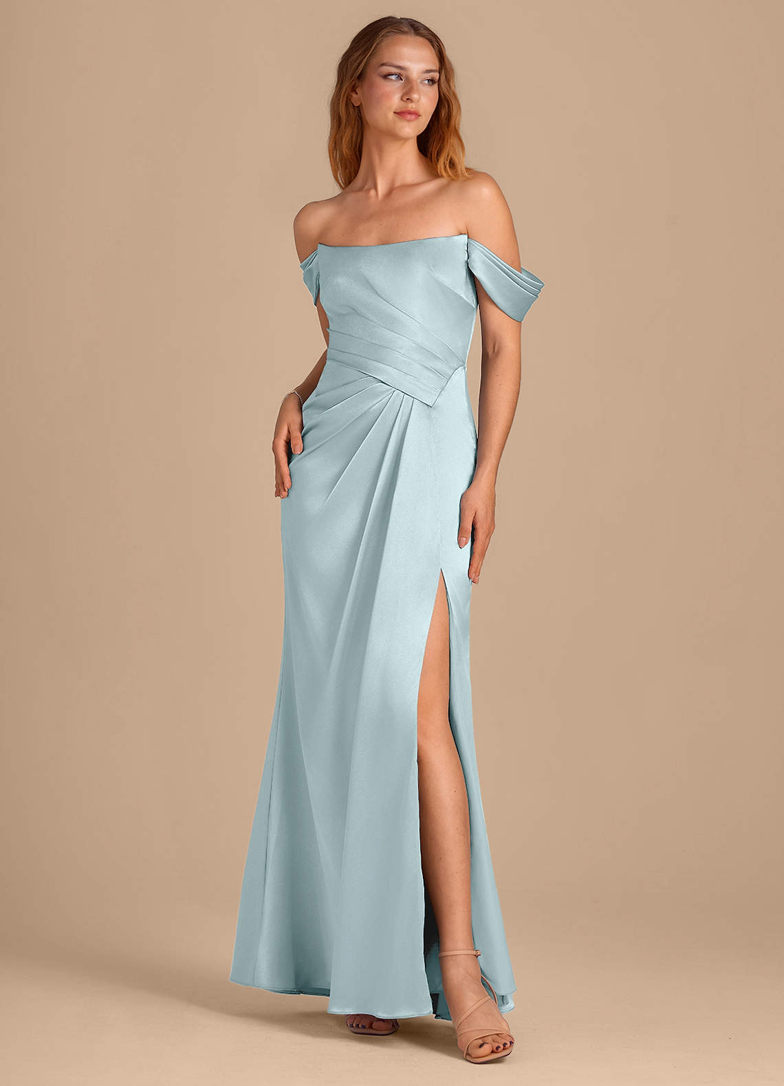Azazie Shea Bridesmaid Dresses Mist Mermaid Off the Shoulder Metallic Satin Convertible Dress image1
