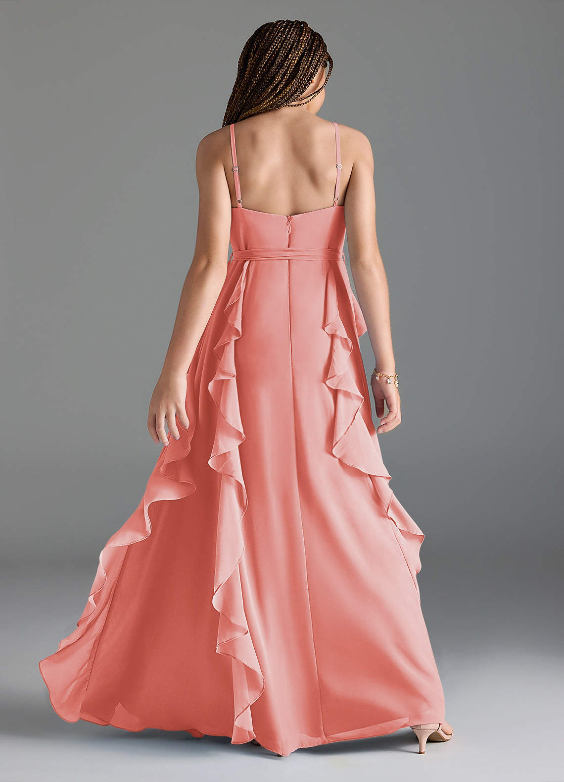 Azazie Peyton Junior Vestido Coral de Chiffon de Linha A com Plissado image4