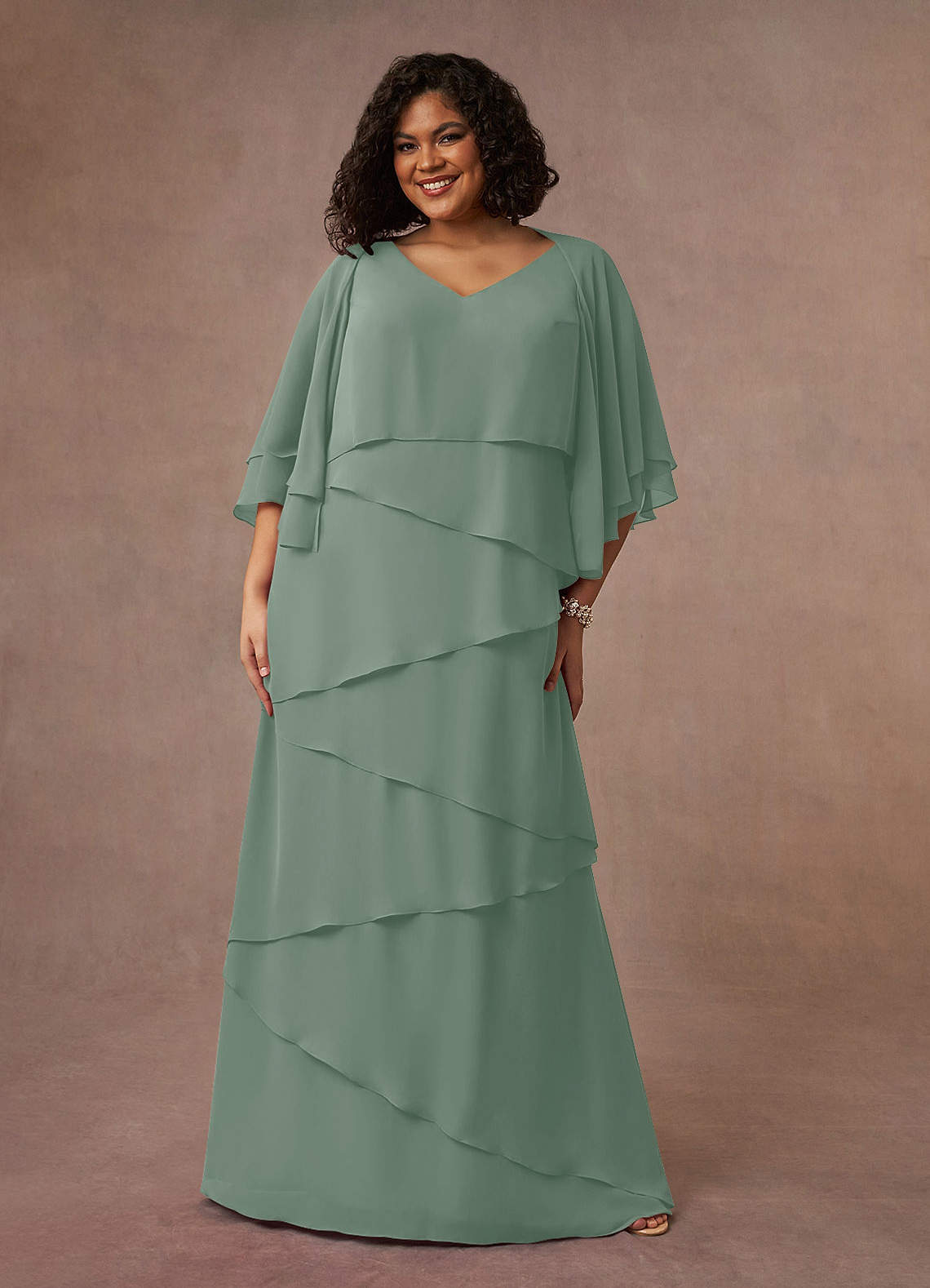Azazie OHara Kleider für die Brautmutter A-Linie V-Hals Chiffon Kleid Silberner Salbei image1