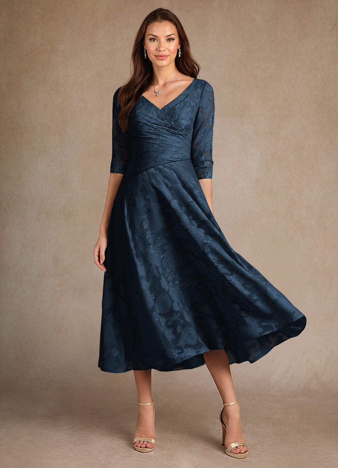 Azazie Durant Dark Navy A-Line Pleated Floral Burnout Dress | Azazie