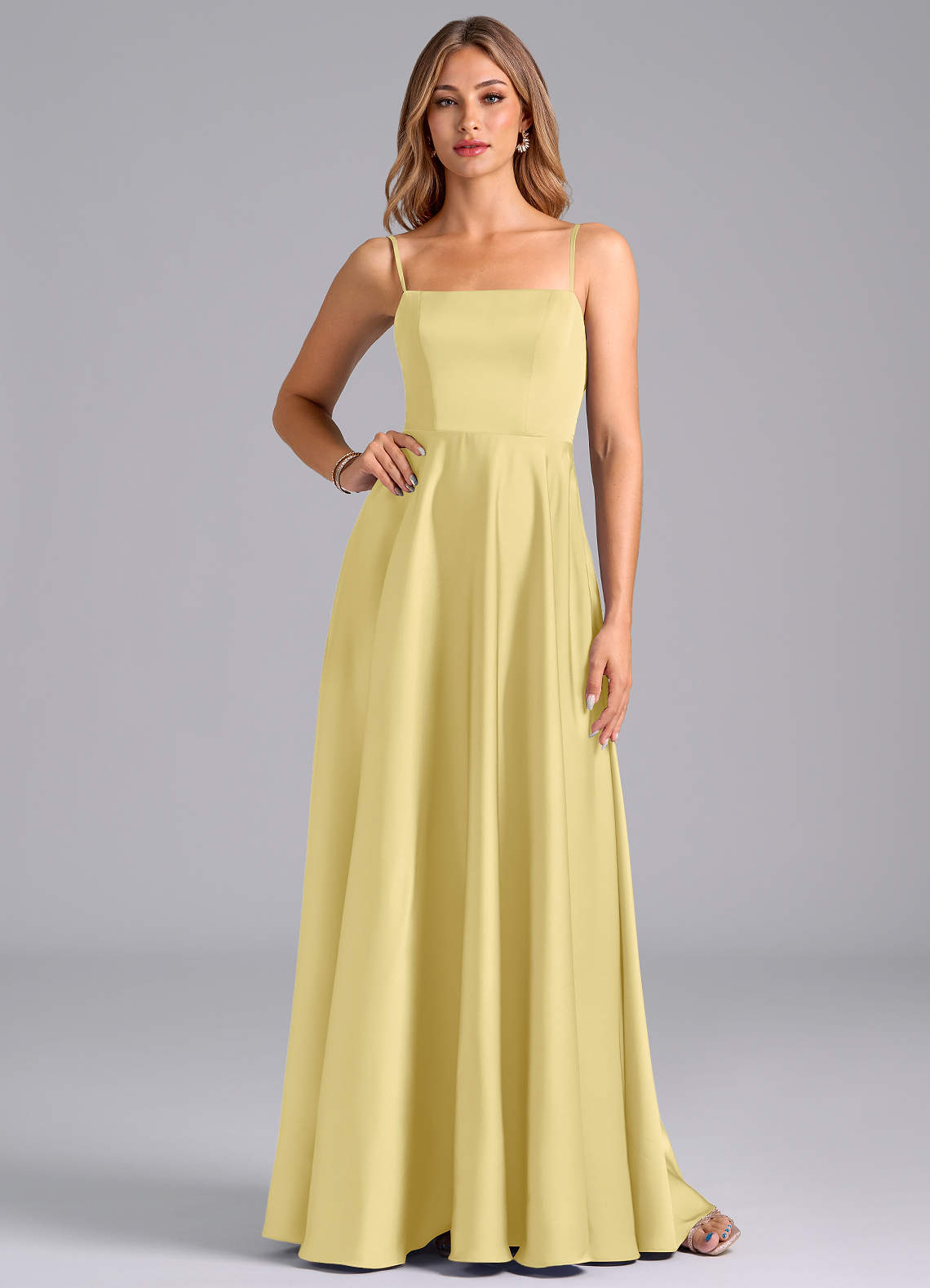 Azazie Elita Bridesmaid Dresses Lemon Sorbet A-Line Pleated Stretch Satin Dress image1