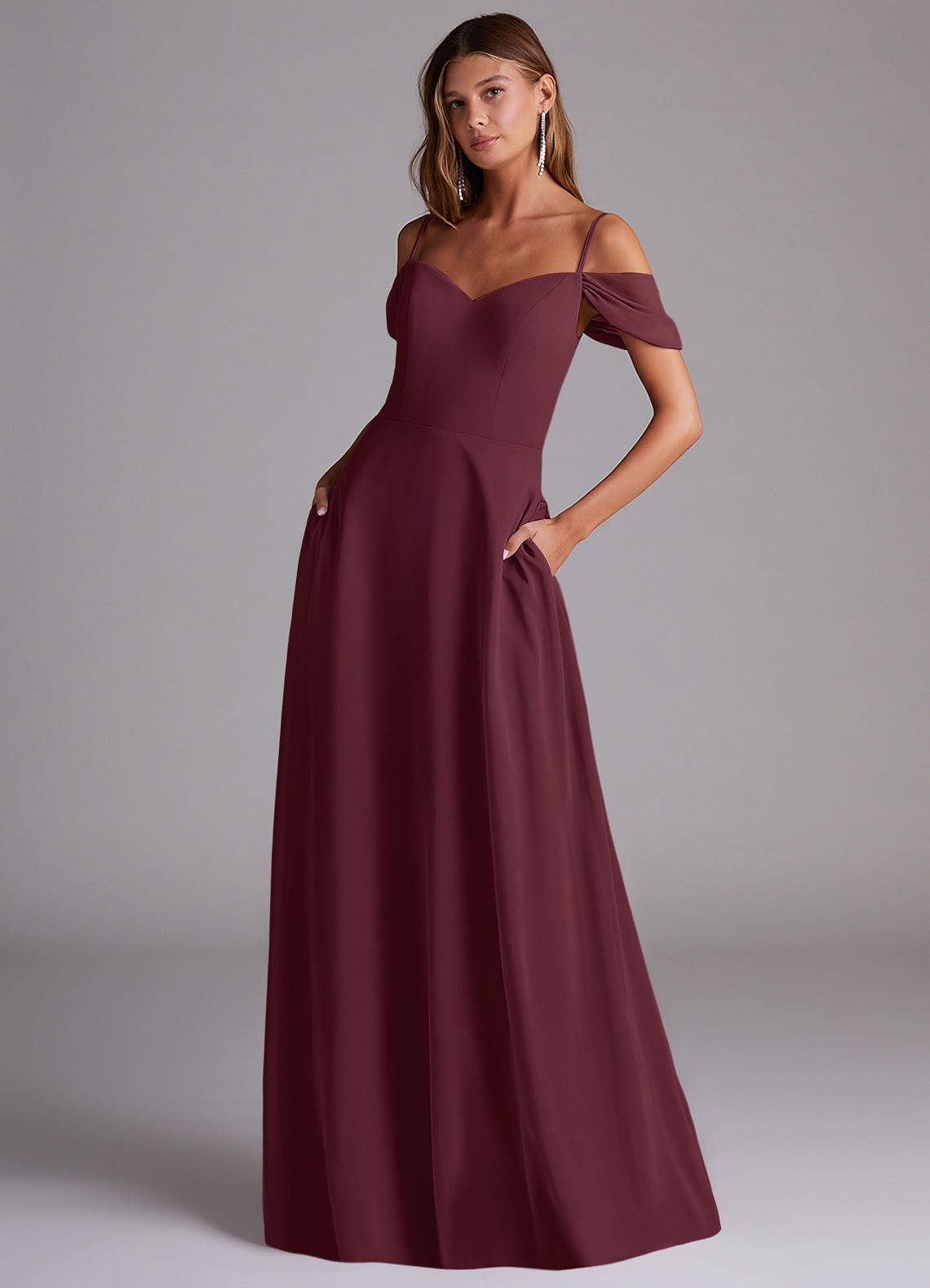 Azazie Marley Bridesmaid Dresses Cabernet A-Line Off the Shoulder Chiffon Convertible Dress image1