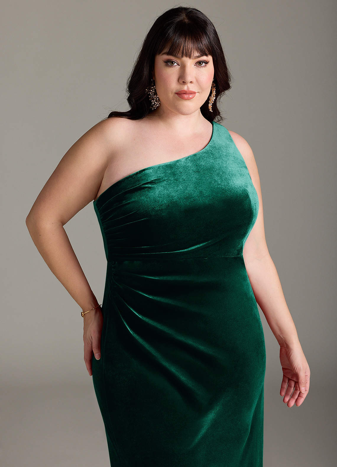 Azazie Argan Bridesmaid Dresses Emerald A-Line One Shoulder Pleated Velvet Dress image11