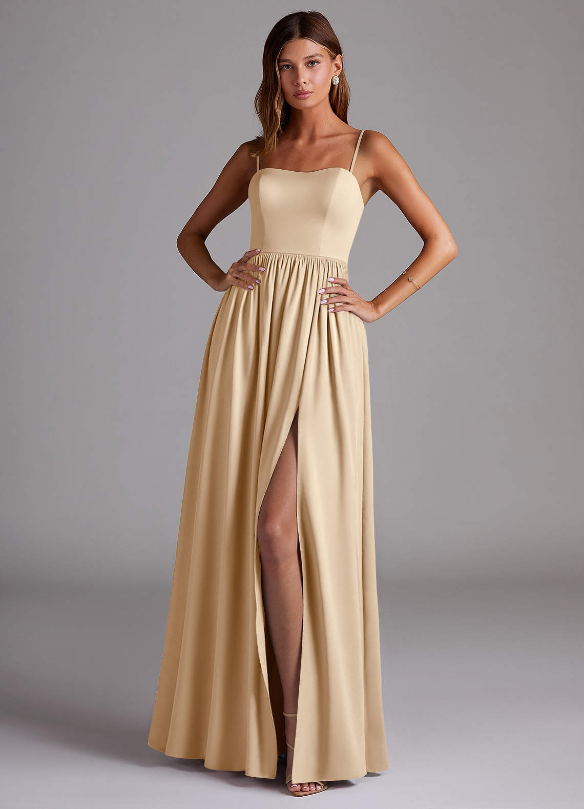 Azazie Calianna Bridesmaid Dresses Champagne A-Line Off the Shoulder Stretch Satin Convertible Dress image1