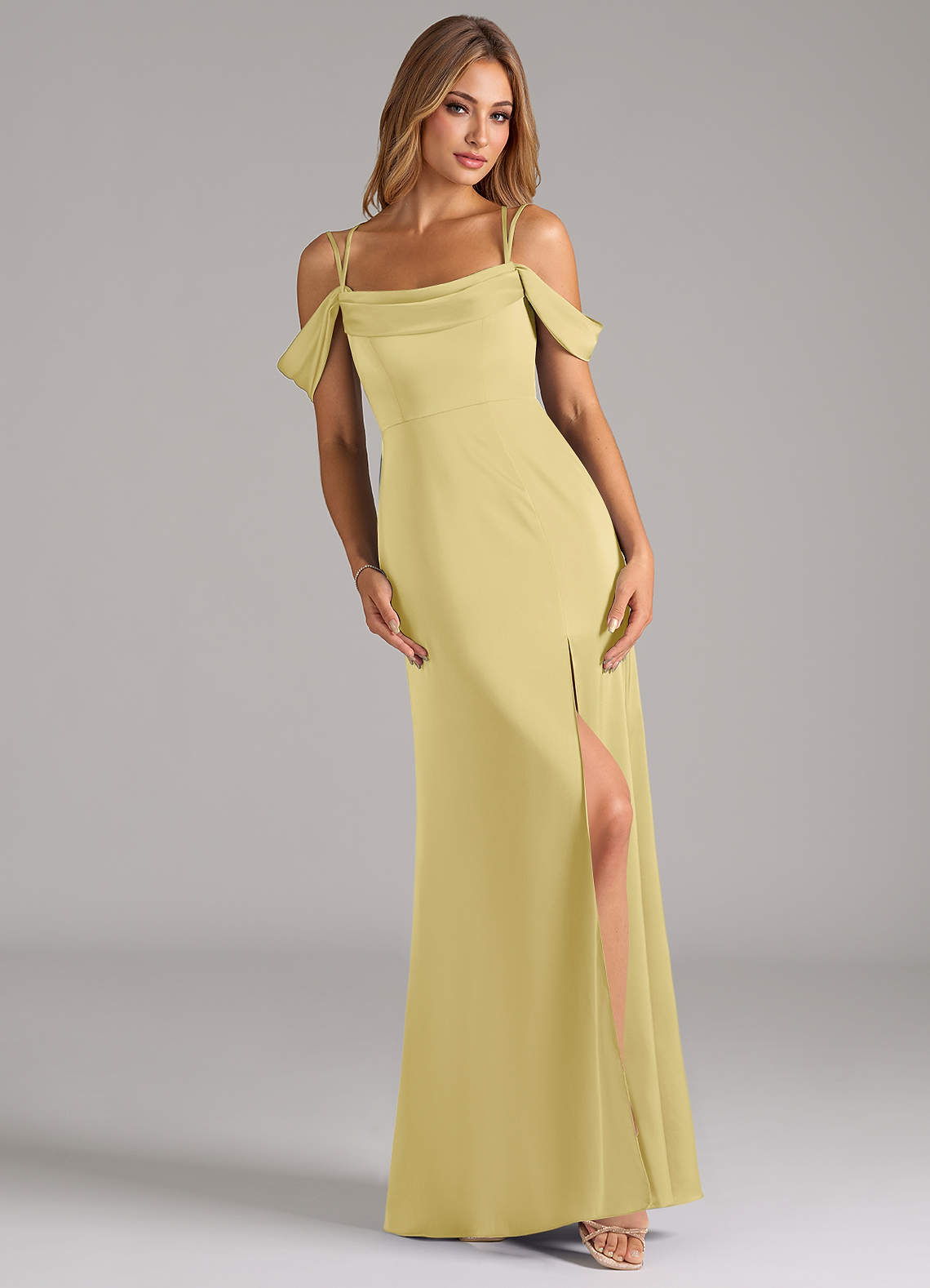 Azazie Callan Bridesmaid Dresses Lemon Sorbet A-Line Pleated Stretch Satin Convertible Dress image1