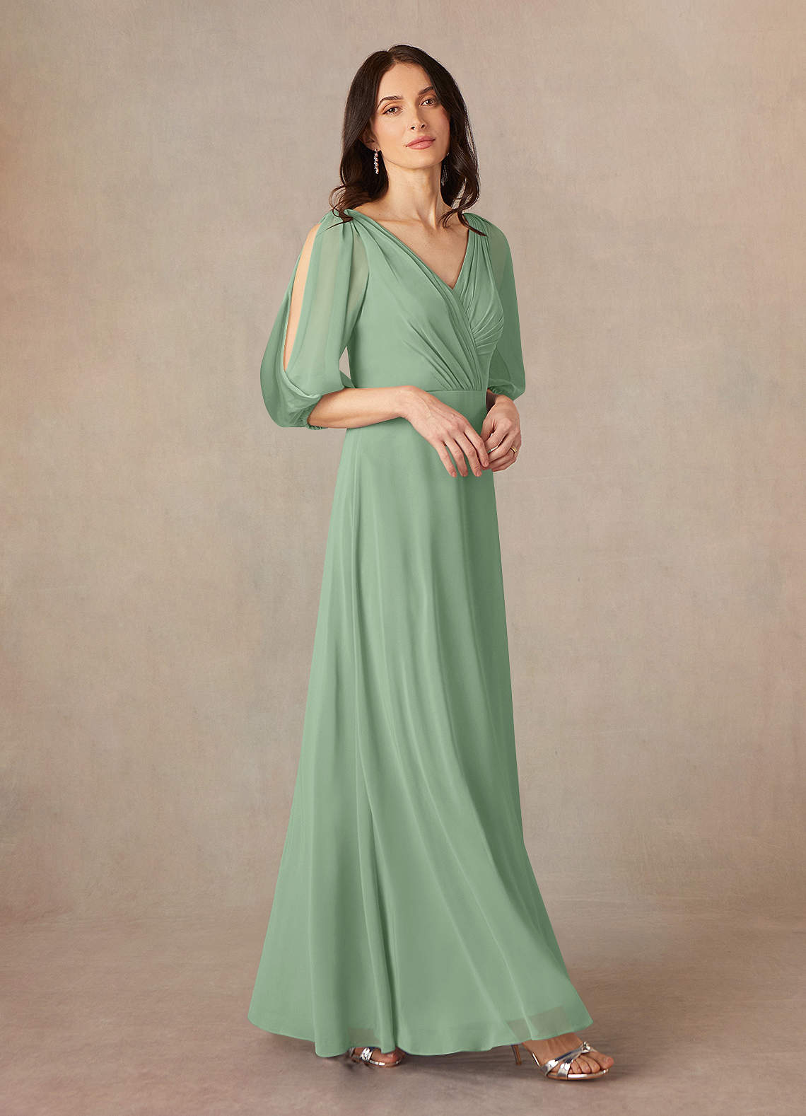 Azazie Bronwyn Mother of the Bride Dresses Matcha A-Line V-Neck Ruched Chiffon Dress image1