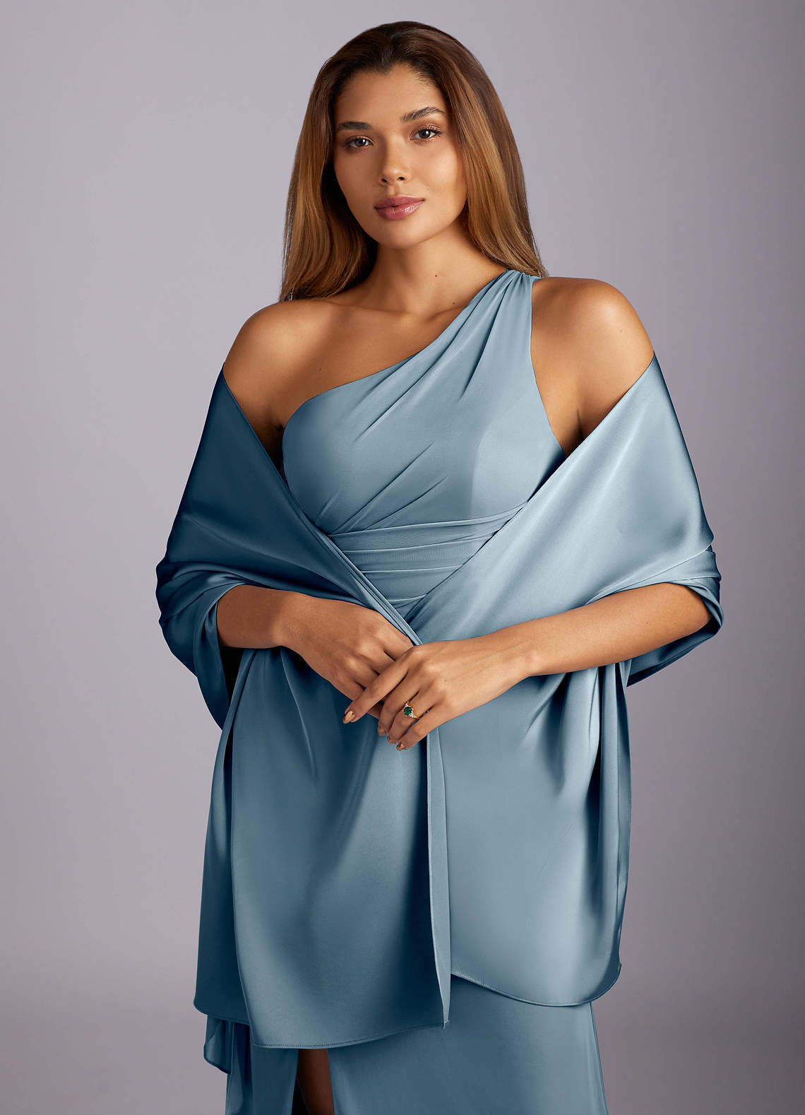 front Azazie Aleena Stretch Satin Shawl