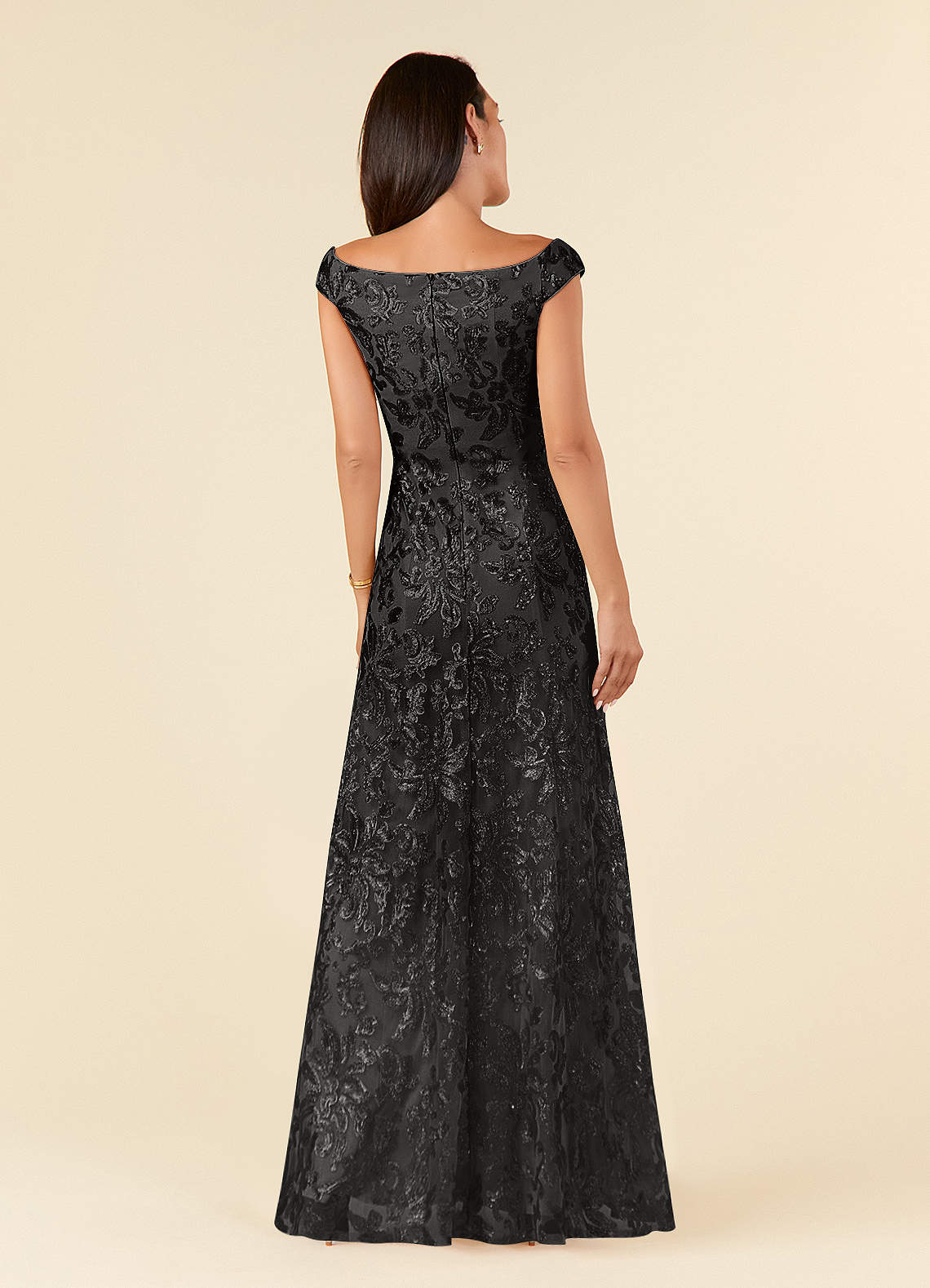 Azazie Porcelain Mother of the Bride Dresses Black A-Line Off the Shoulder Lace Dress image3