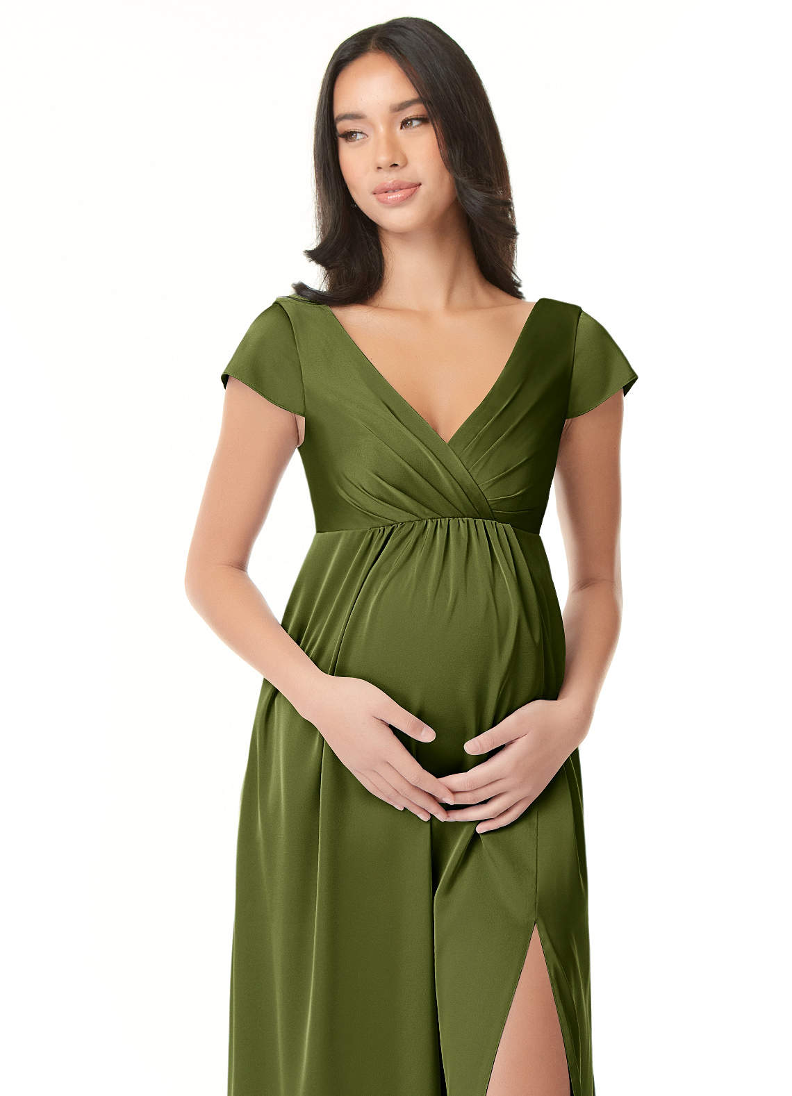 Azazie Allessia Maternity Bridesmaid Dresses A-Line Pleated Stretch Satin Floor-Length Dress image4