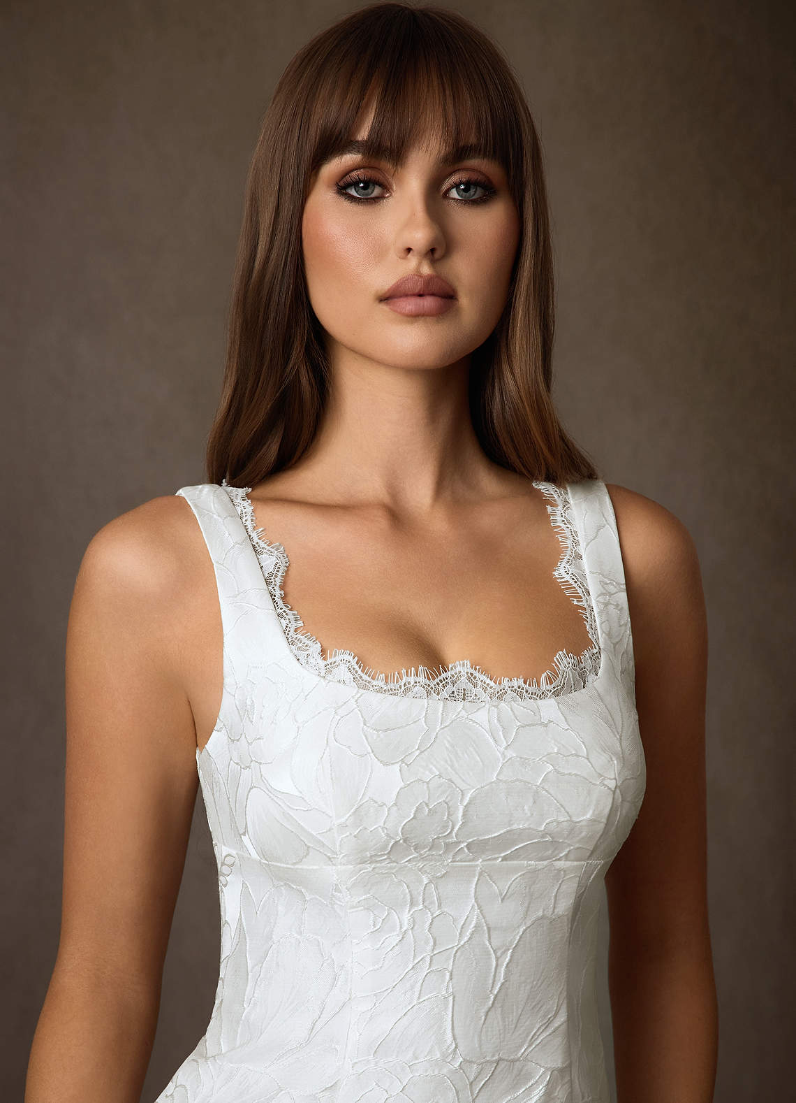 Azazie Janet Wedding Dresses Diamond White A-Line Square Neckline Floral Jacquard Dress image7