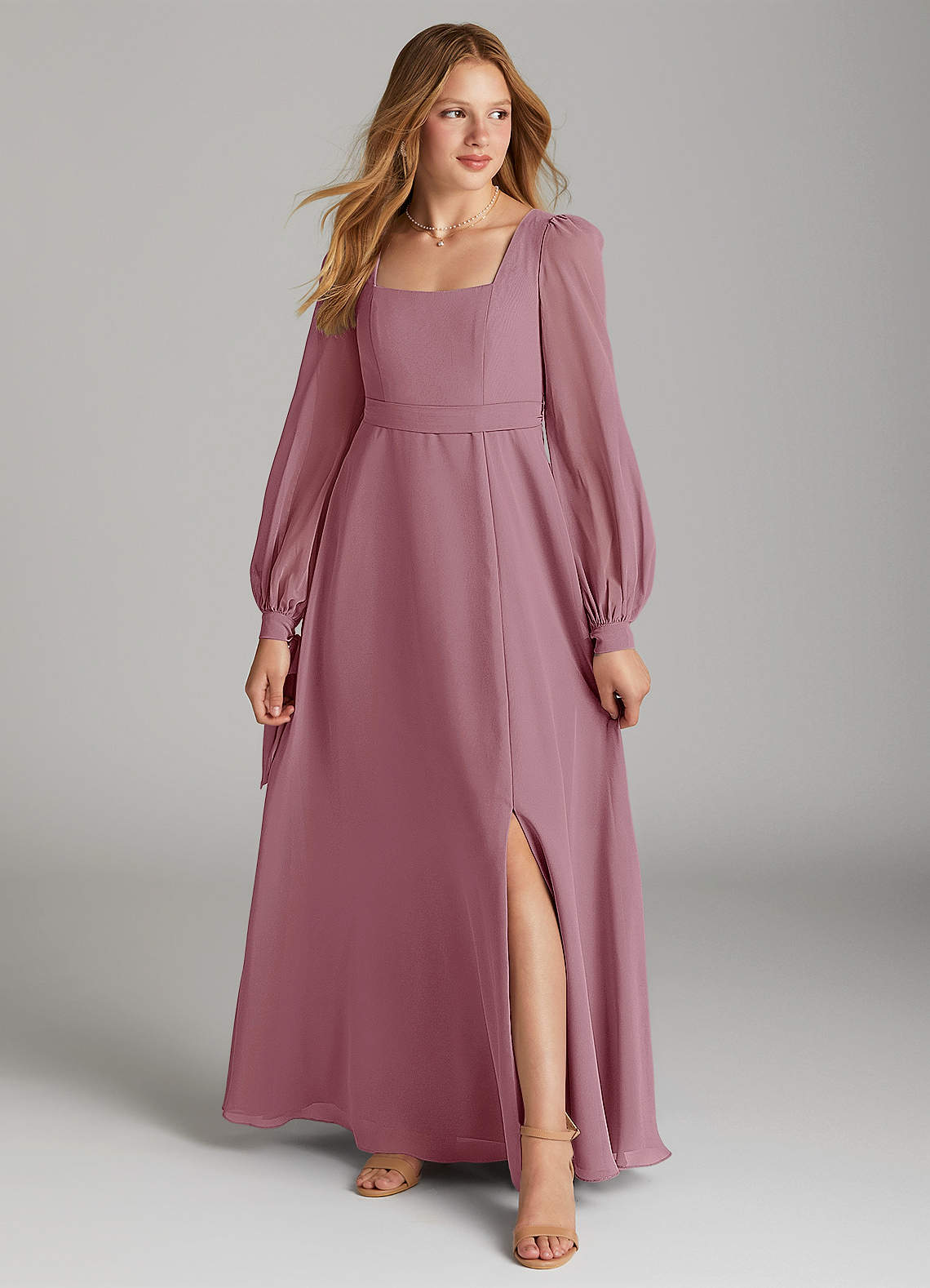 Azazie Leonia Junior Vintage Mauve A-Line with Pockets Chiffon Dress image1