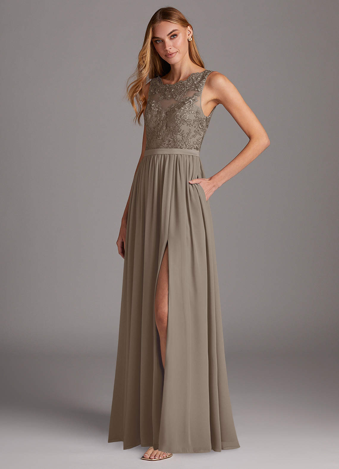 Azazie Elly Bridesmaid Dresses Taupe A-Line Lace Scoop Neck Chiffon Dress image1