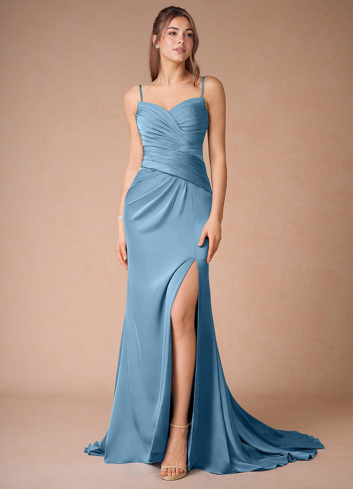 green emerald velvet dress Wedtrend Steel Blue A Line V Neck Floor Length Cold Shoulder Long Chiffon Bridesmaid Dress with Slit, Steel Blue / US16W