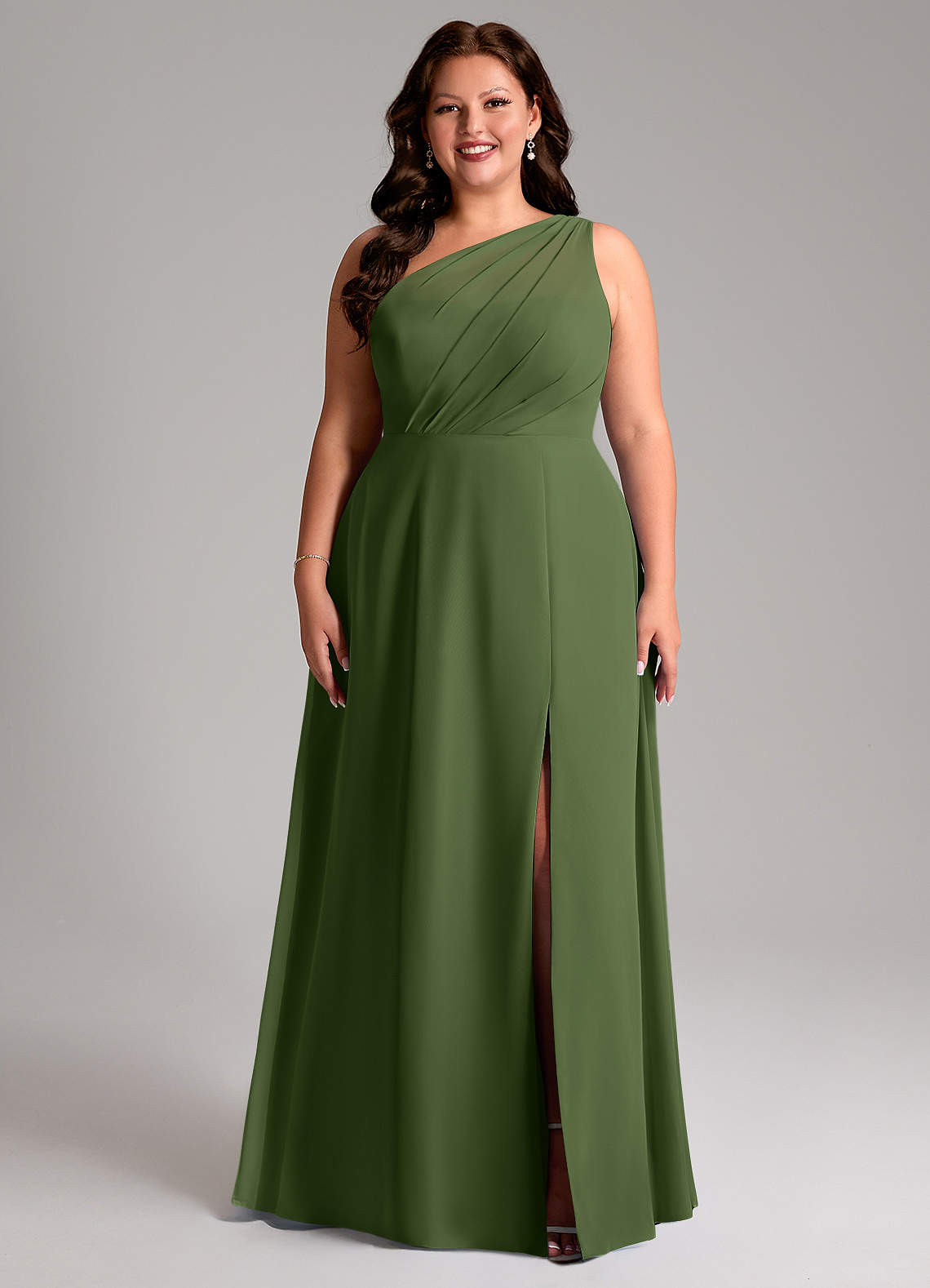 Azazie Phaedra Bridesmaid Dresses Olive A-Line One Shoulder Chiffon Dress image1