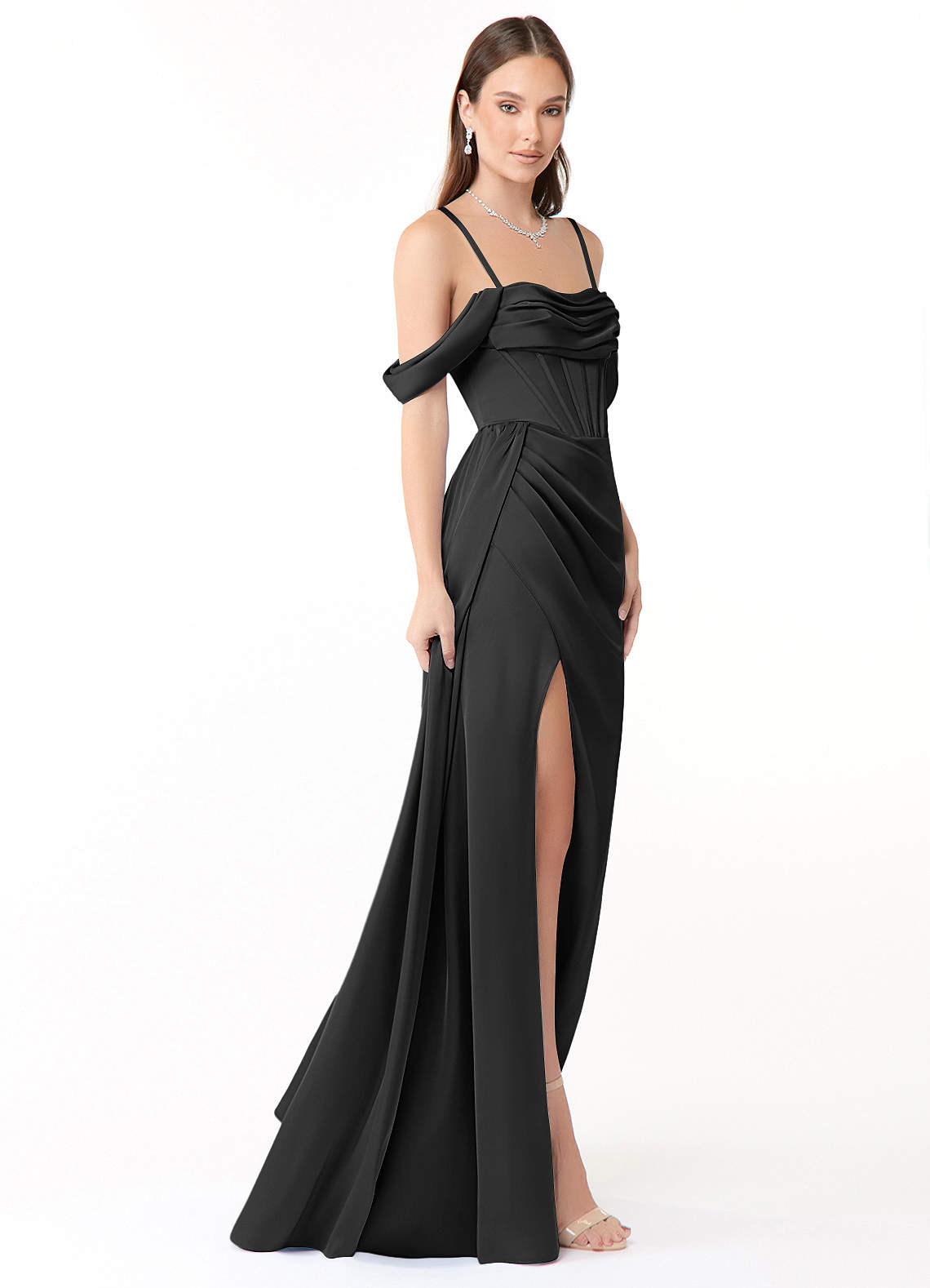 Azazie Amyra Bridesmaid Dresses Black Sheath Off the Shoulder Stretch Satin Convertible Dress image6