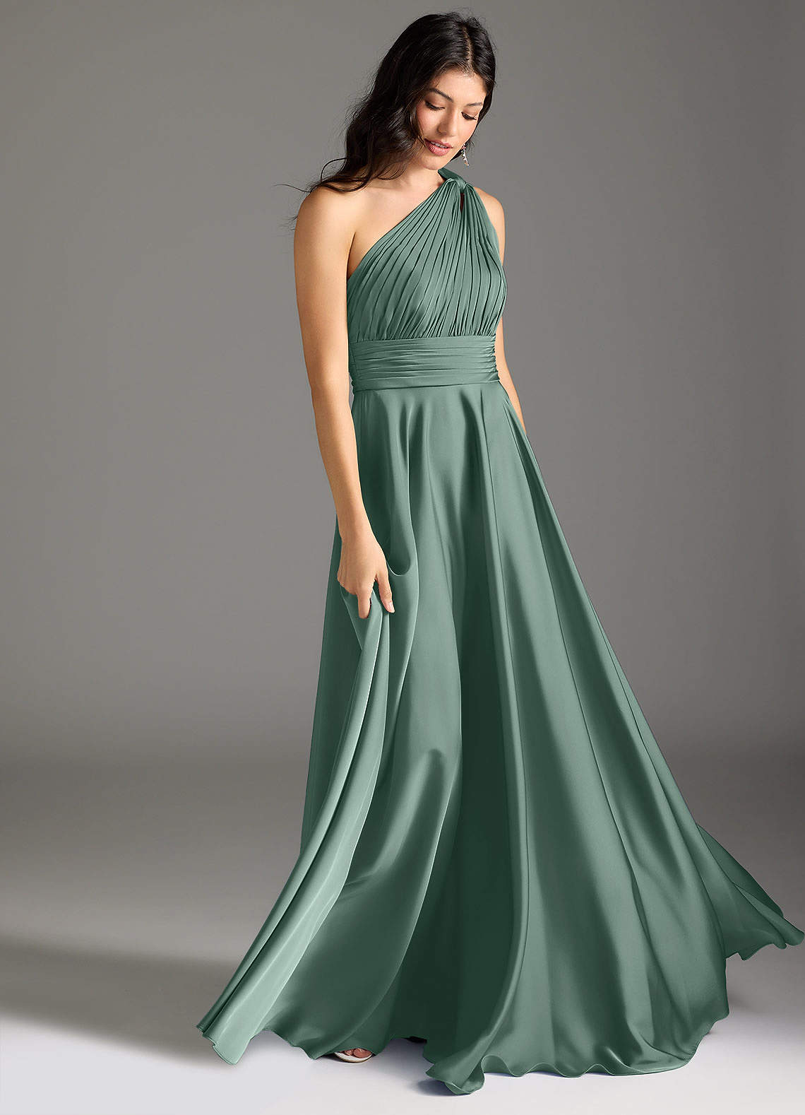 Azazie Charlize Bridesmaid Dresses Eucalyptus A-Line One Shoulder Stretch Satin Dress image2