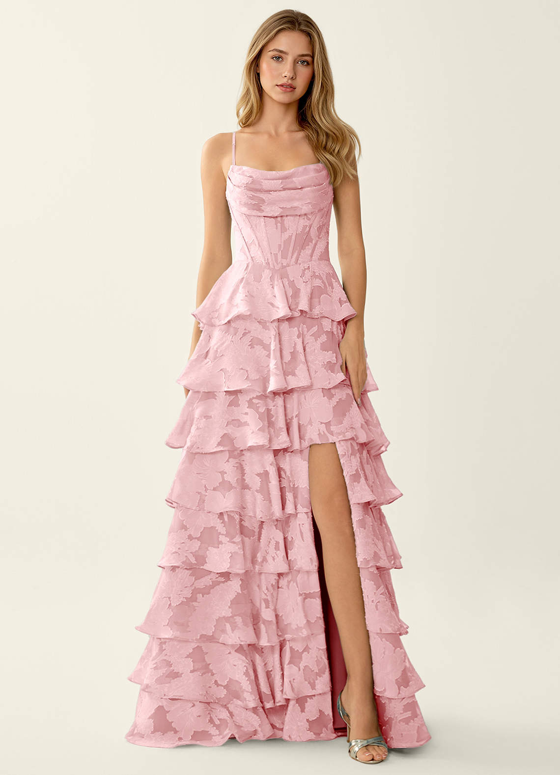 Wrenana Coral Pink Textured Floral Jacquard Prom Dress | Azazie