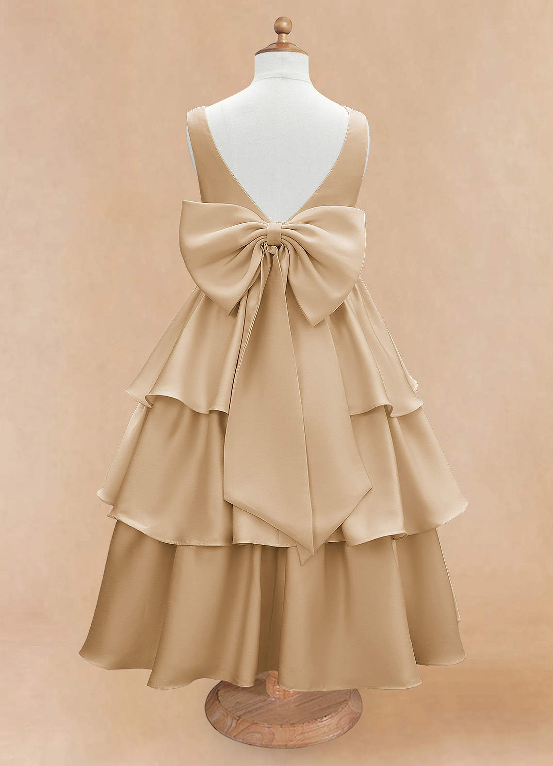 Azazie Margie Flower Girl Dresses Champagne A-Line Bow Stretch Satin Dress image3