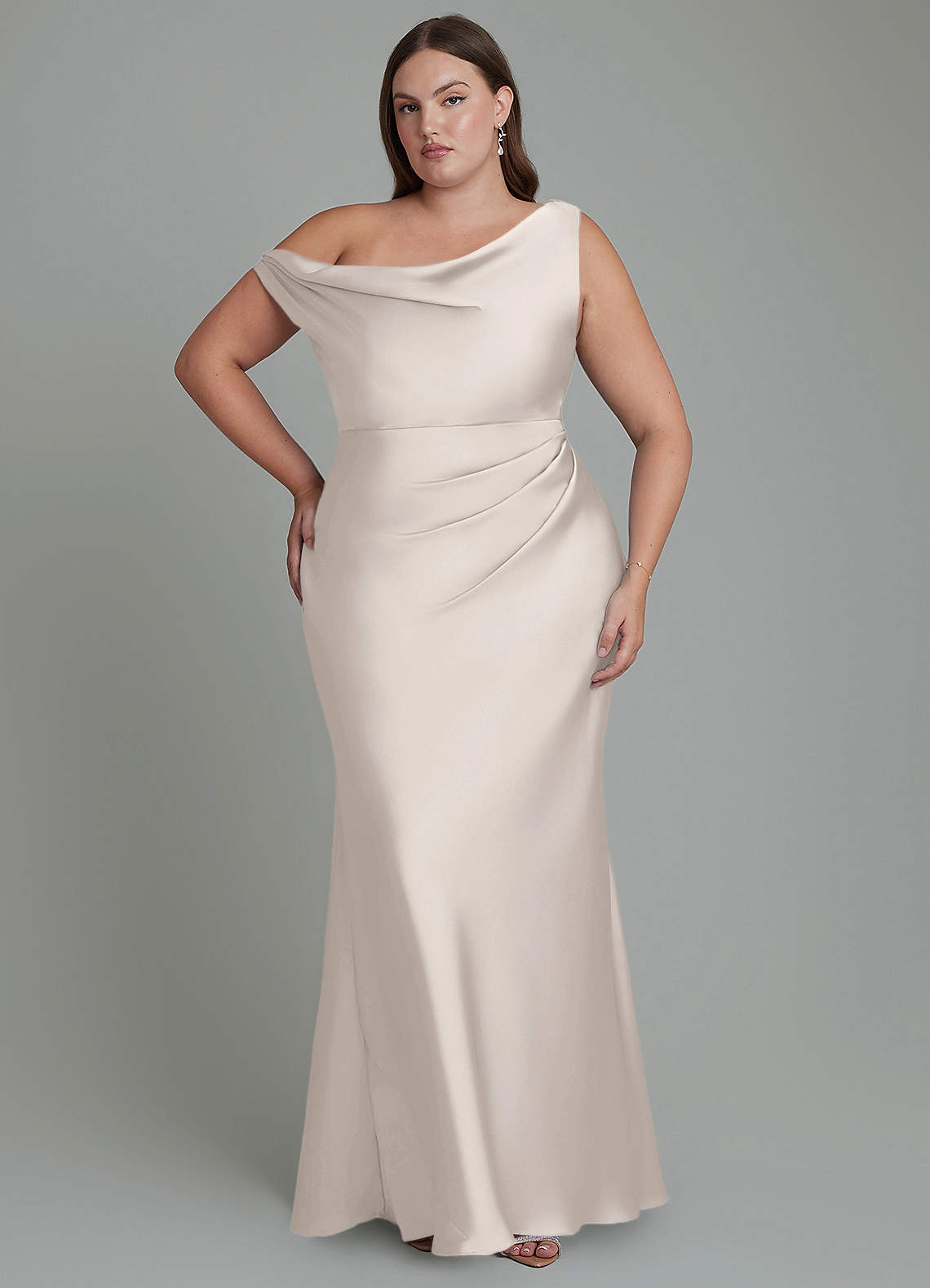 Azazie Emerson Bridesmaid Dresses White Alabaster Mermaid Off the Shoulder Stretch Satin Dress image1