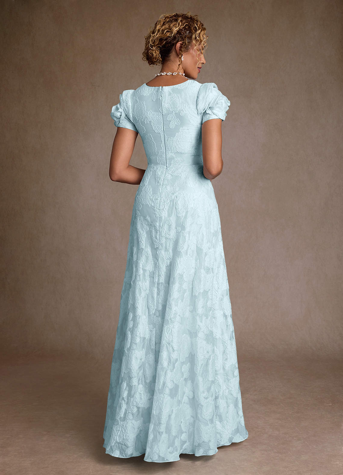 Azazie Hermina Mother of the Bride Dresses Pale Blue Jacquard A-Line Pleated Floral Jacquard Dress image1