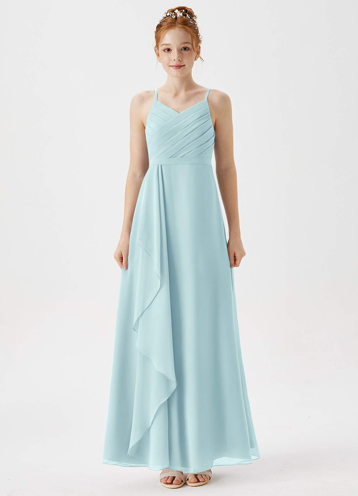 Azazie Mariela Junior Abito A-Line in Chiffon Plissettato Sea Glass image1