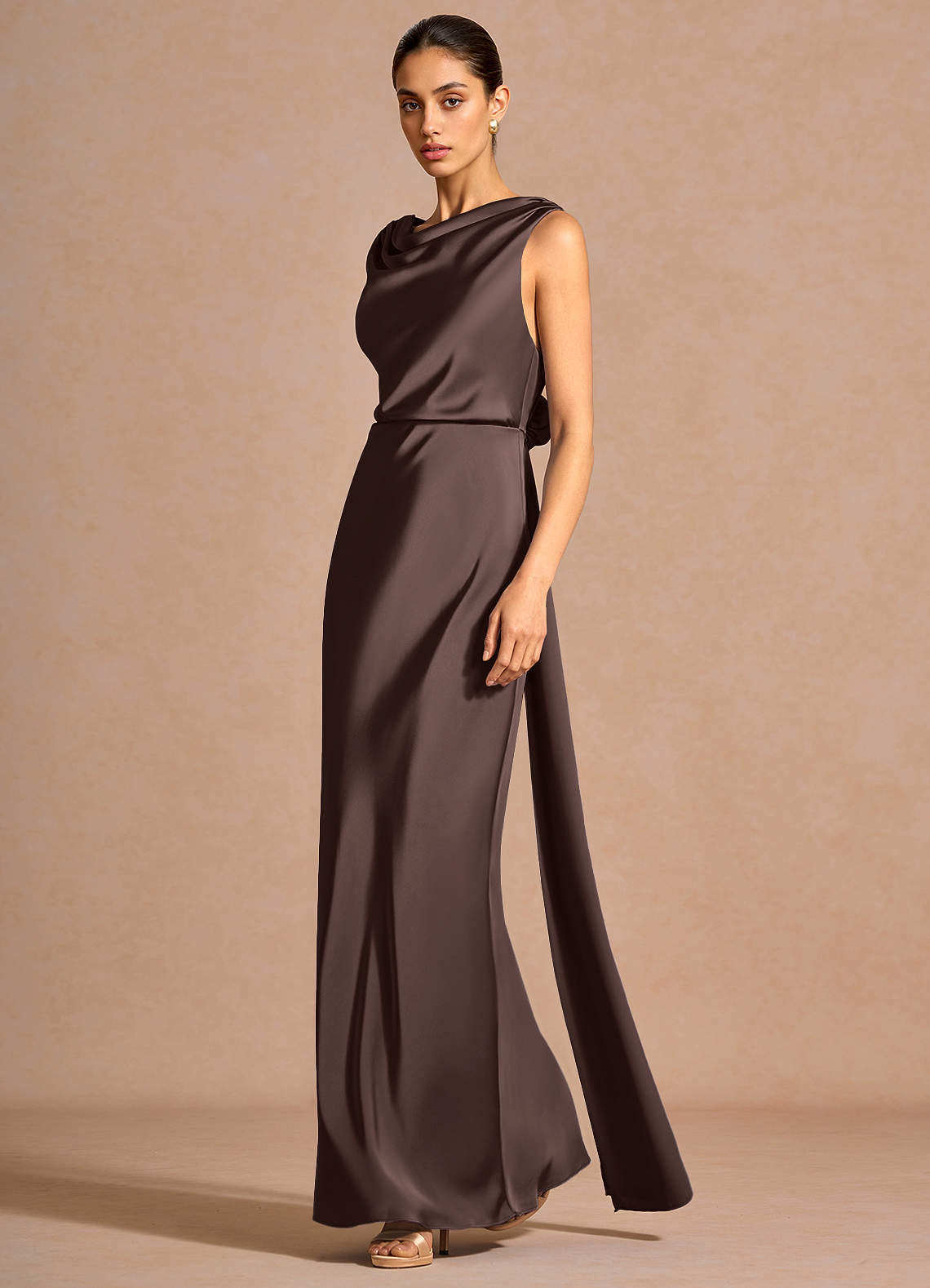 Azazie Floor-Length Maxi Dresses Column Wedding Guest Formal Dresses Cowl 3D Flowers Truffle Azazie Floor-Length Maxi Dresses Column Wedding Guest Formal Dresses Cowl 3D Flowers Truffle