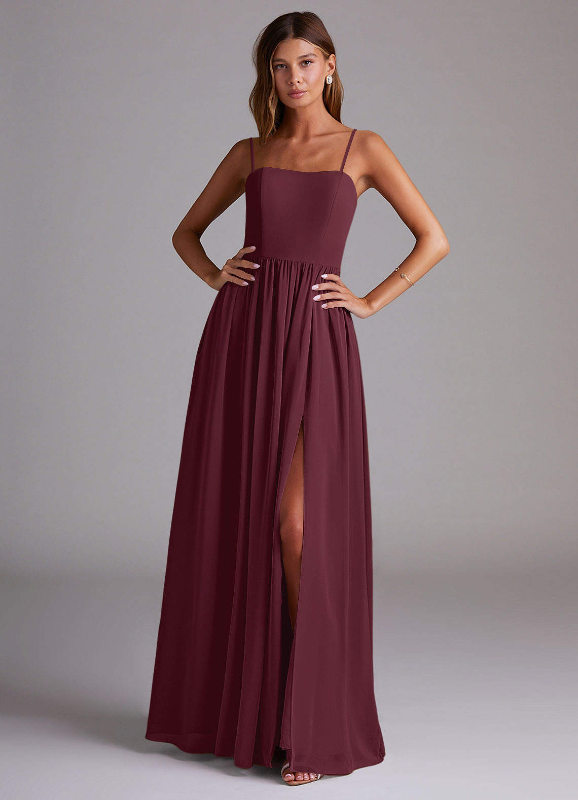 Azazie Calianna Vestidos de madrinha de casamento Vestir Cabernet de Chiffon de Linha A com Fora do ombro image1