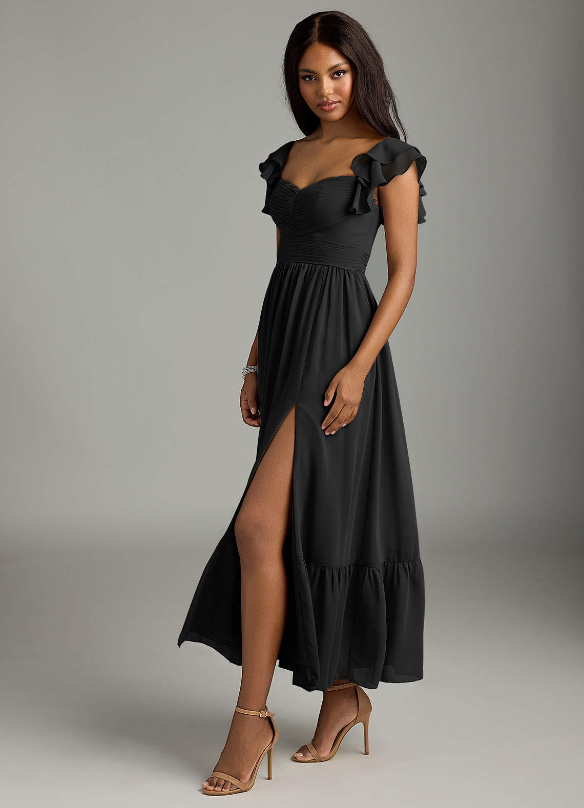 Azazie Anaya Bridesmaid Dresses Black A-Line Pleated Chiffon Dress image3