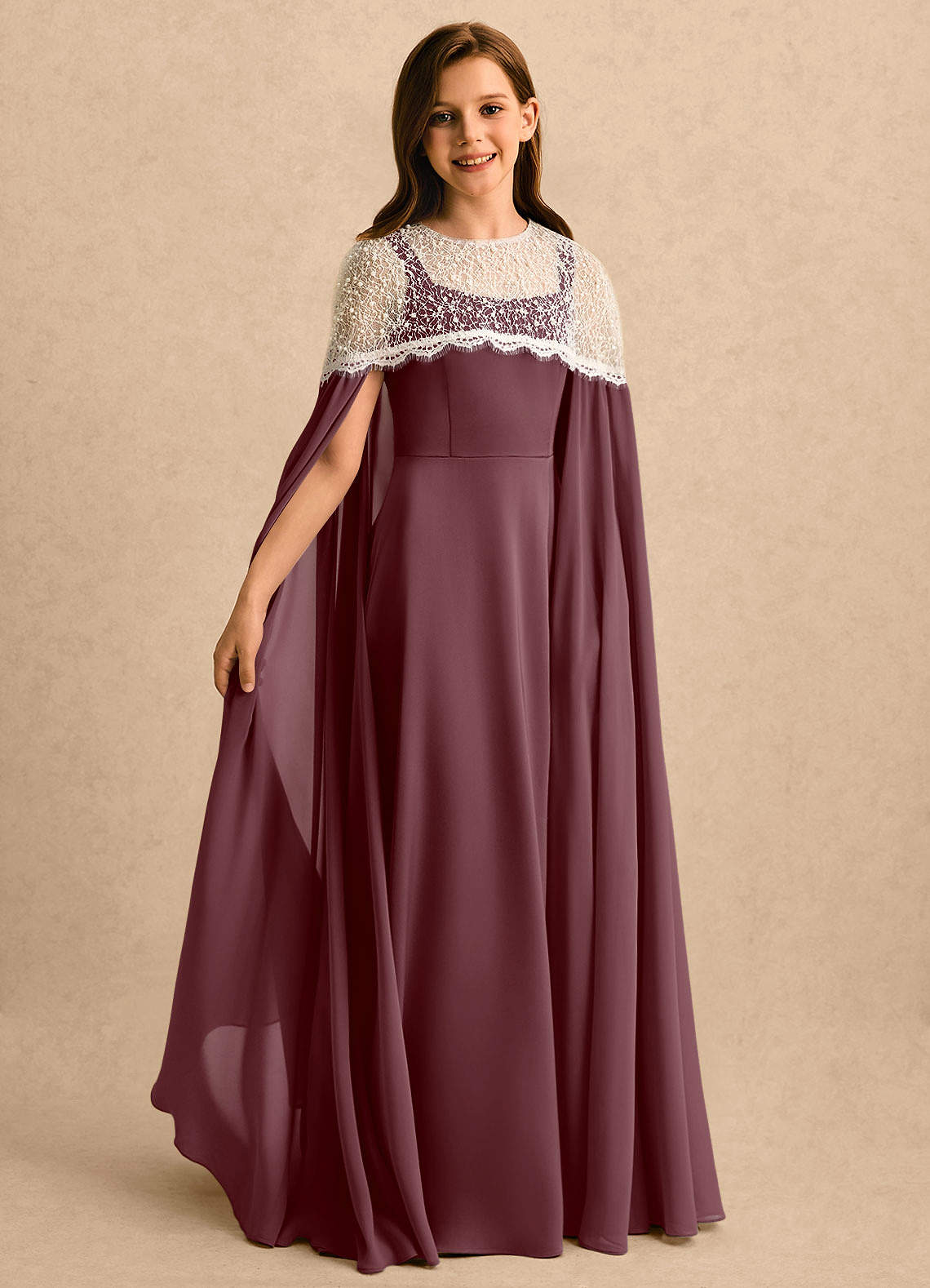 Azazie A-Line/Princess Illusion Floor-Length Chiffon Girl Formal Dresses - Sangria